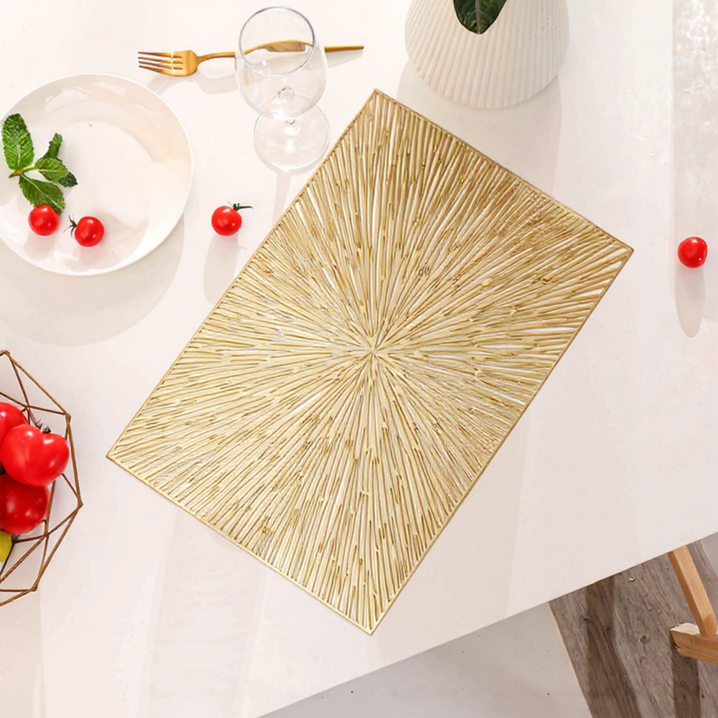4-Piece Rectangular Woven Rattan Placemat with Radiating Sunburst Design
