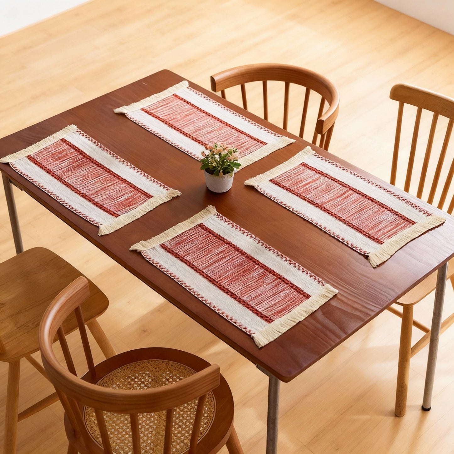 4-Piece Rectangular Woven Fringe Placemat with Textured Striped Pattern