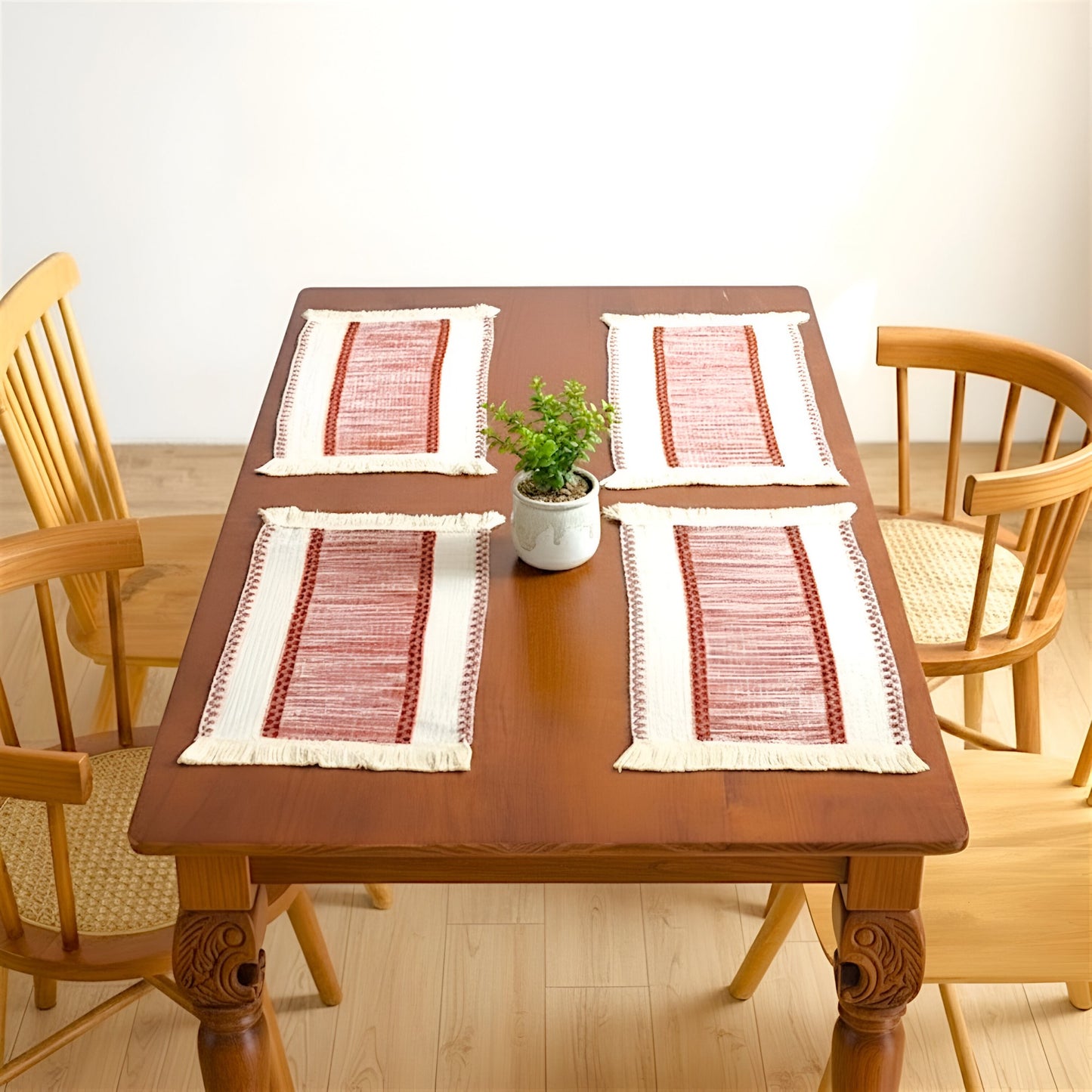 4-Piece Rectangular Woven Fringe Placemat with Textured Striped Pattern