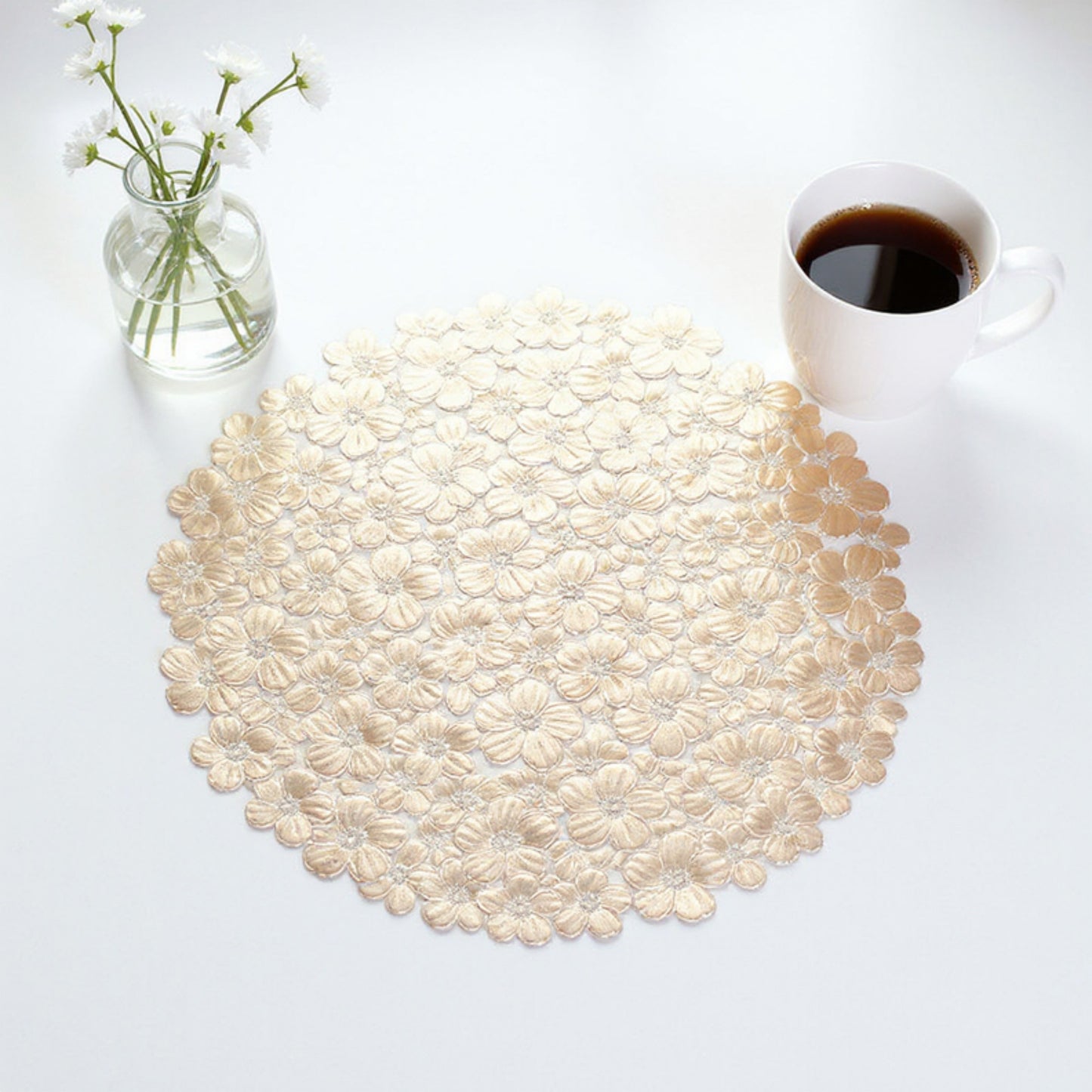 4-Piece Round Floral Cutout Placemat with Embroidered Petal Details