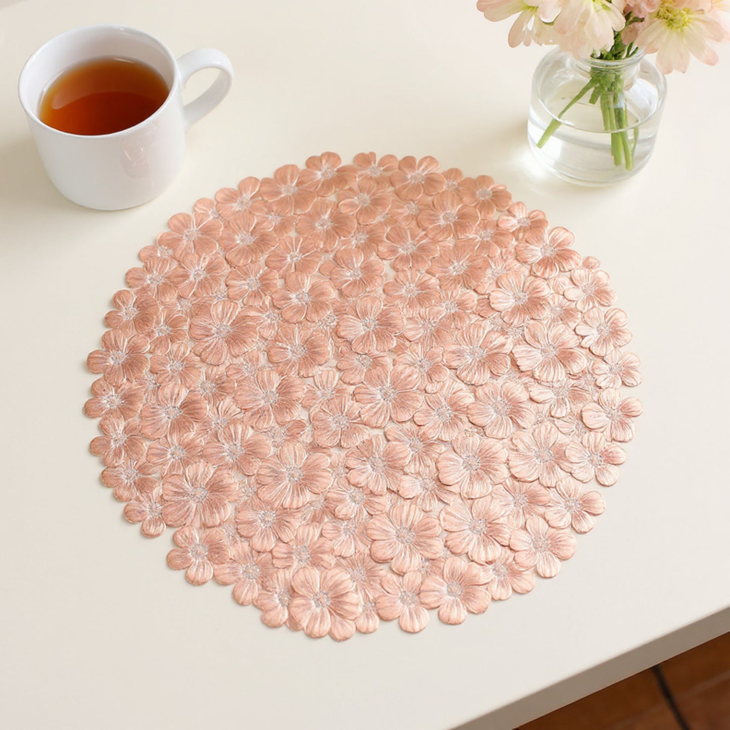 4-Piece Round Floral Cutout Placemat with Embroidered Petal Details