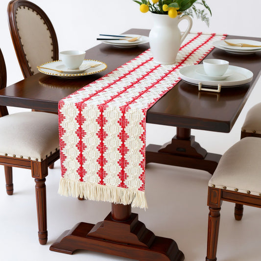 Woven Table Runner with Geometric Diamond Pattern and Fringe Ends