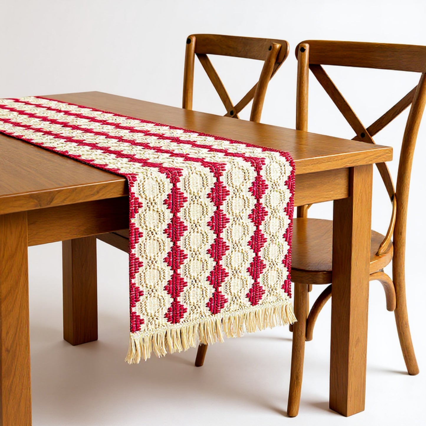 Woven Table Runner with Geometric Diamond Pattern and Fringe Ends