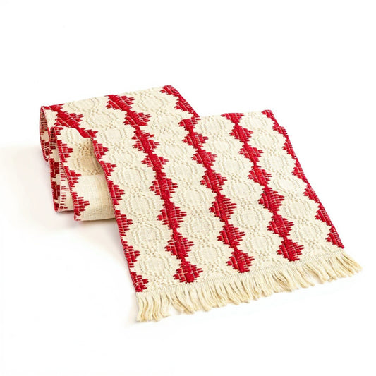 Woven Table Runner with Geometric Diamond Pattern and Fringe Ends