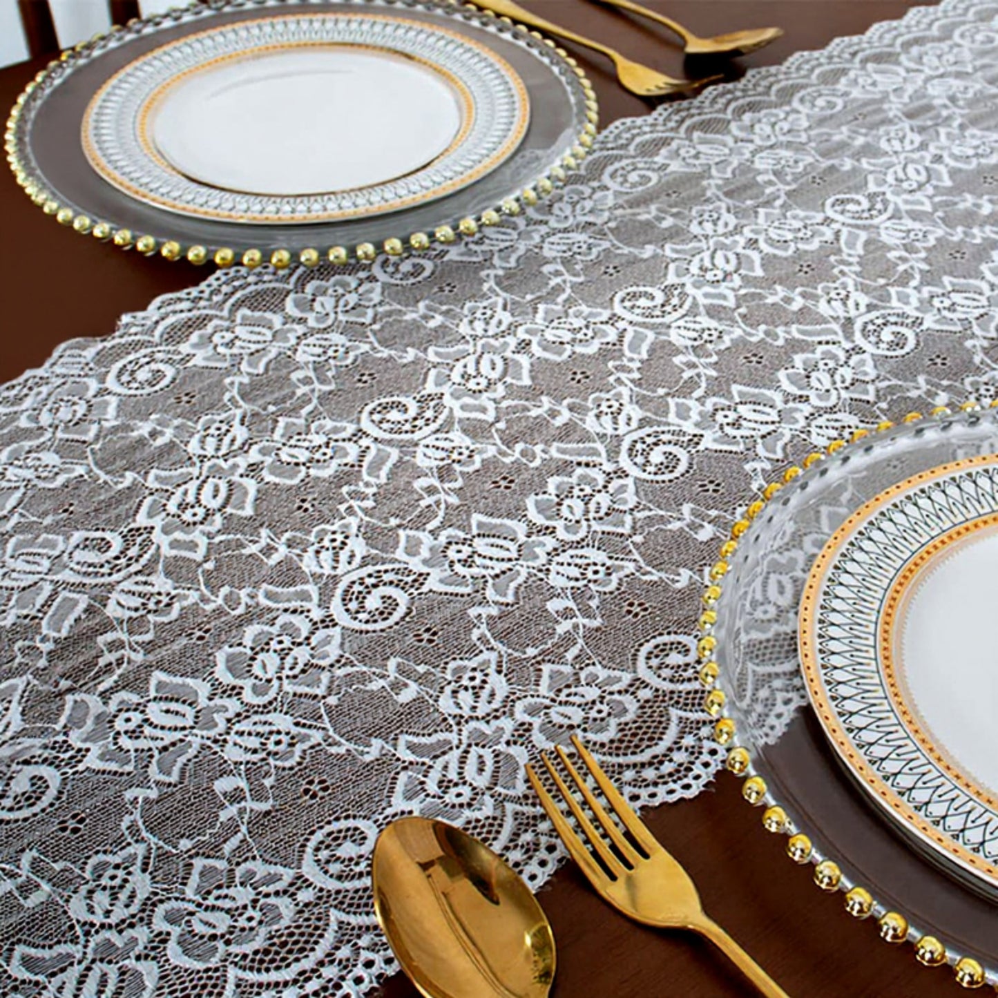 Floral Lace Table Runner with Scalloped Edges and Sheer Overlay