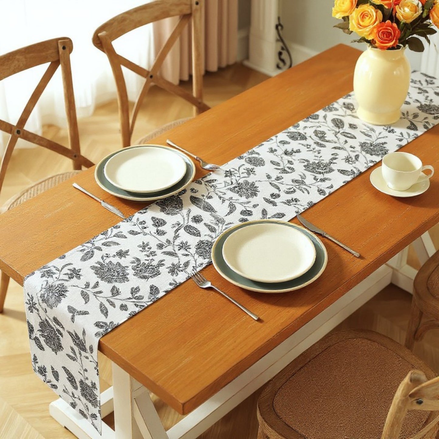 Ornate Damask Table Runner with Intricate Scroll Pattern 12x55in