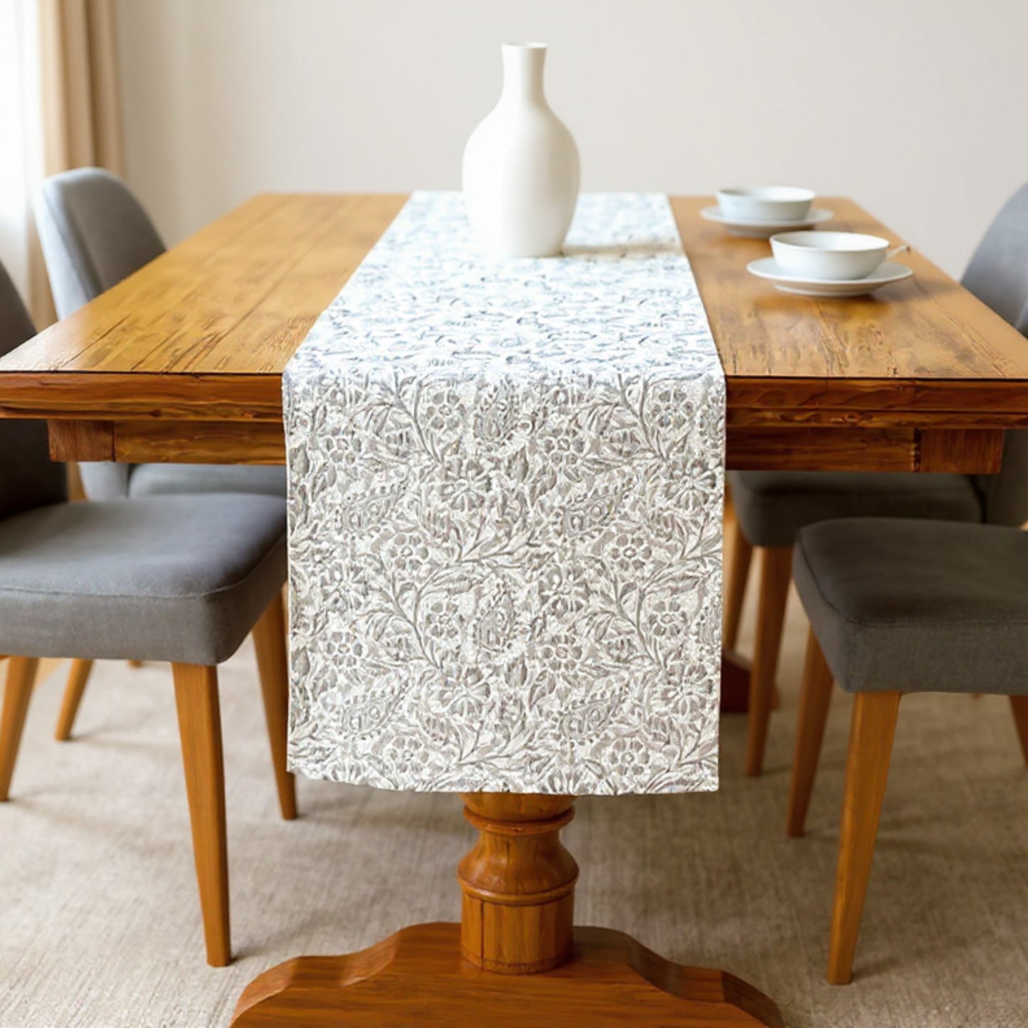 Floral Embroidered Table Runner with Intricate Pattern Detailing 13.5x47in