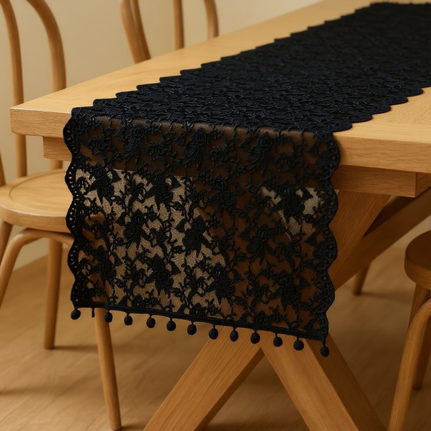 Floral Lace Table Runner with Scalloped Edges and Pom Pom Trim 17.7x47in