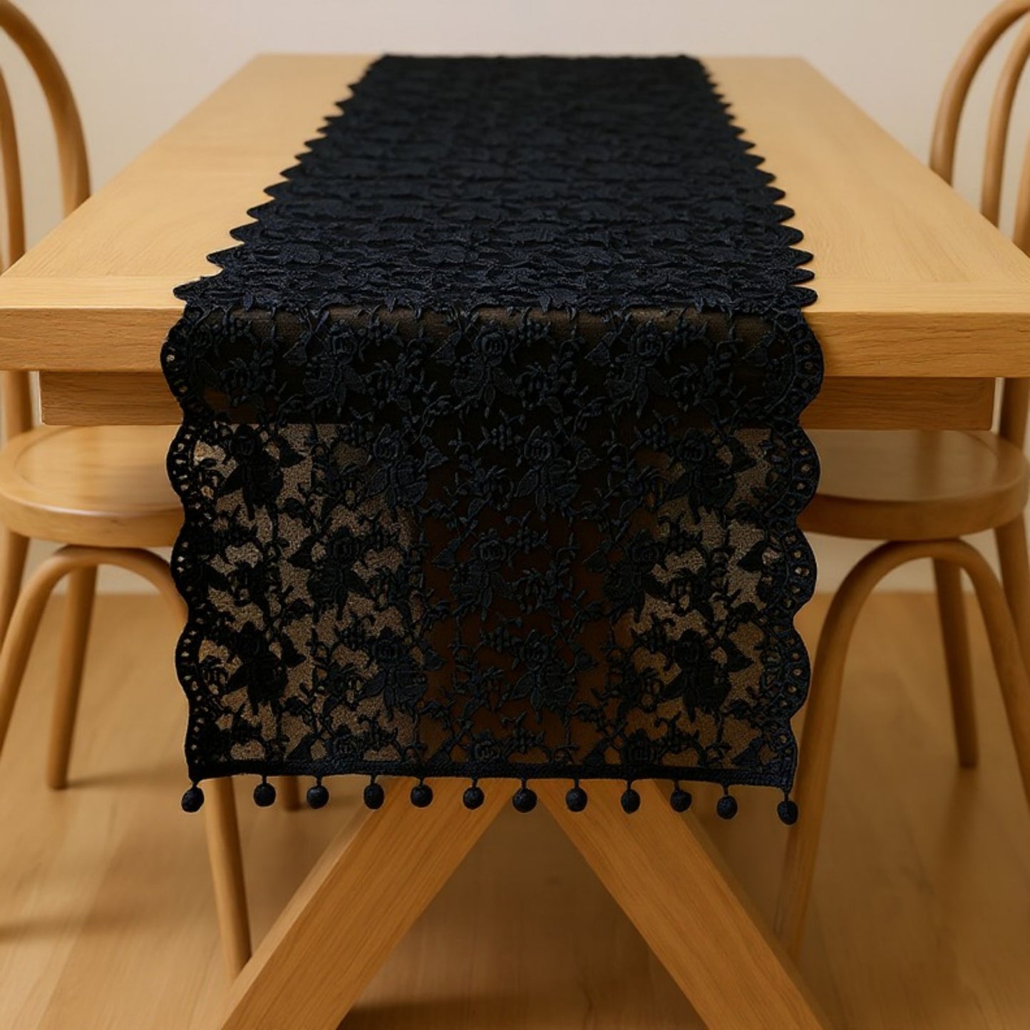 Floral Lace Table Runner with Scalloped Edges and Pom Pom Trim 17.7x47in