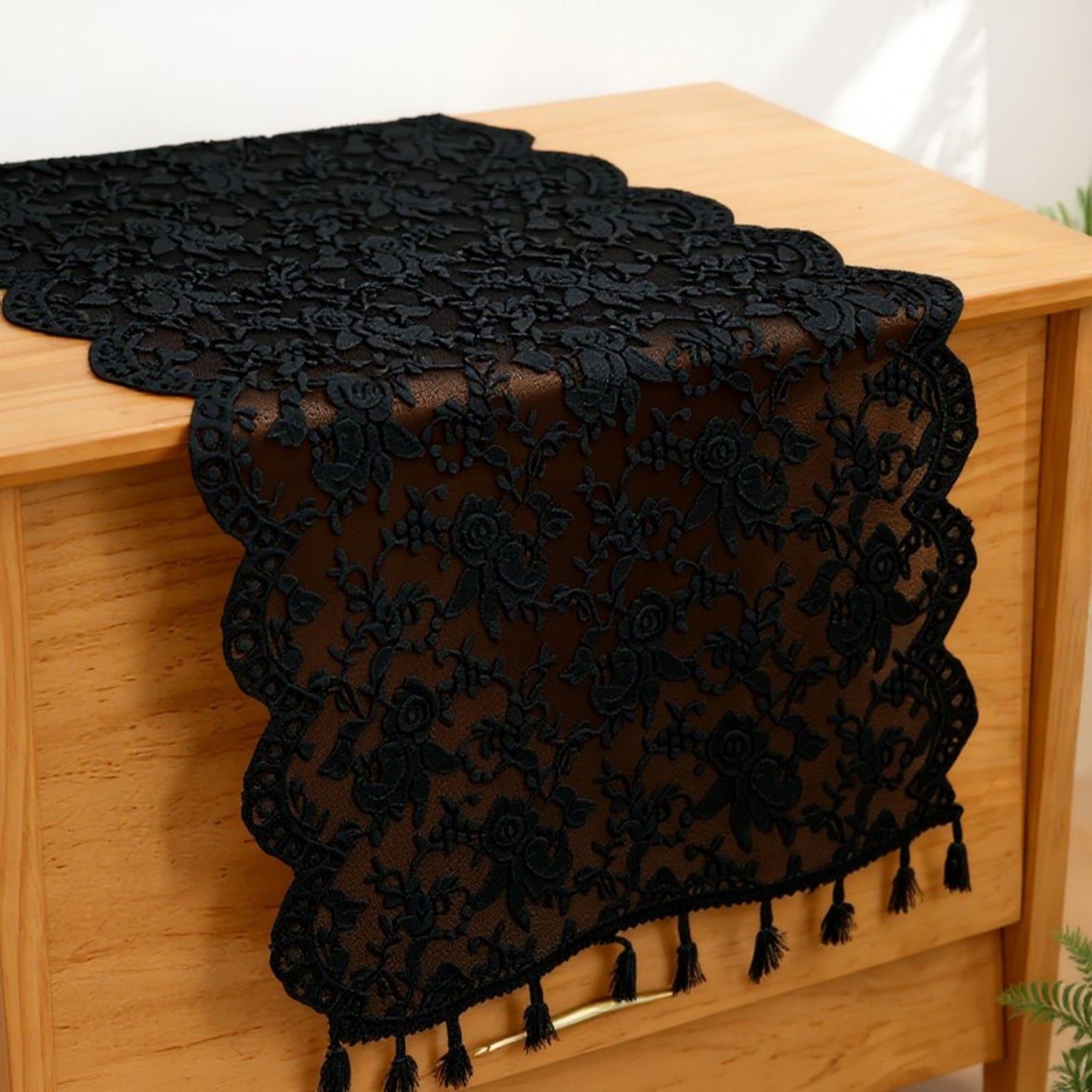 Floral Lace Table Runner with Scalloped Edges and Pom Pom Trim 17.7x47in