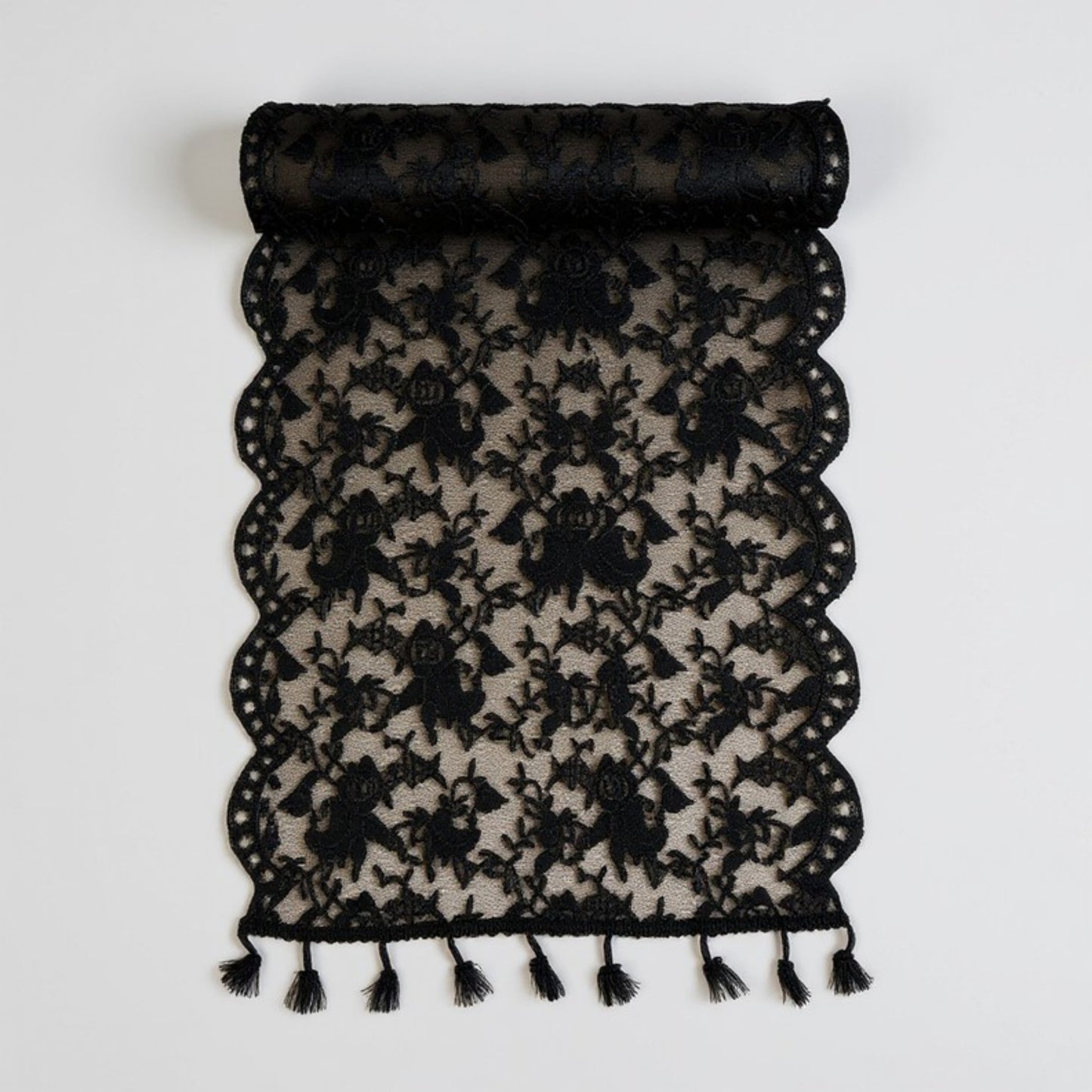 Floral Lace Table Runner with Scalloped Edges and Pom Pom Trim 17.7x47in