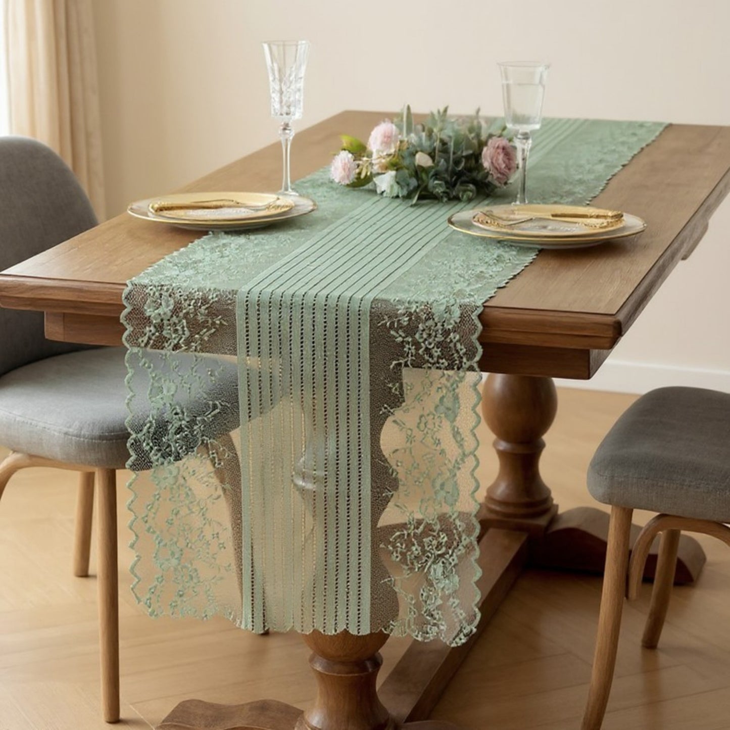 Floral Lace Table Runner with Scalloped Edges and Pom Pom Trim 17.7x47in