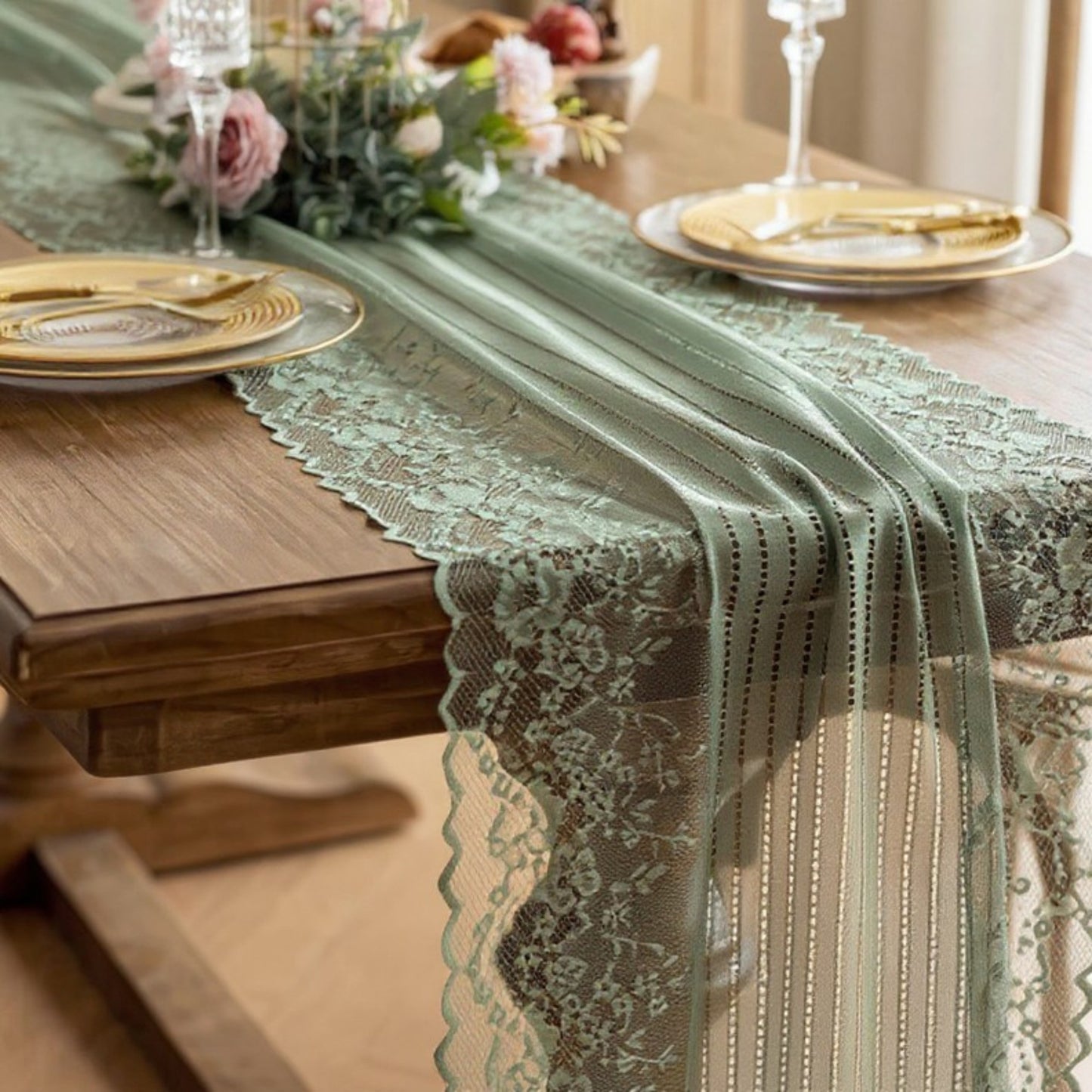 Floral Lace Table Runner with Scalloped Edges and Pom Pom Trim 17.7x47in