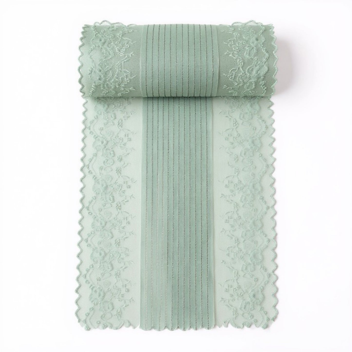 Floral Lace Table Runner with Scalloped Edges and Pom Pom Trim 17.7x47in