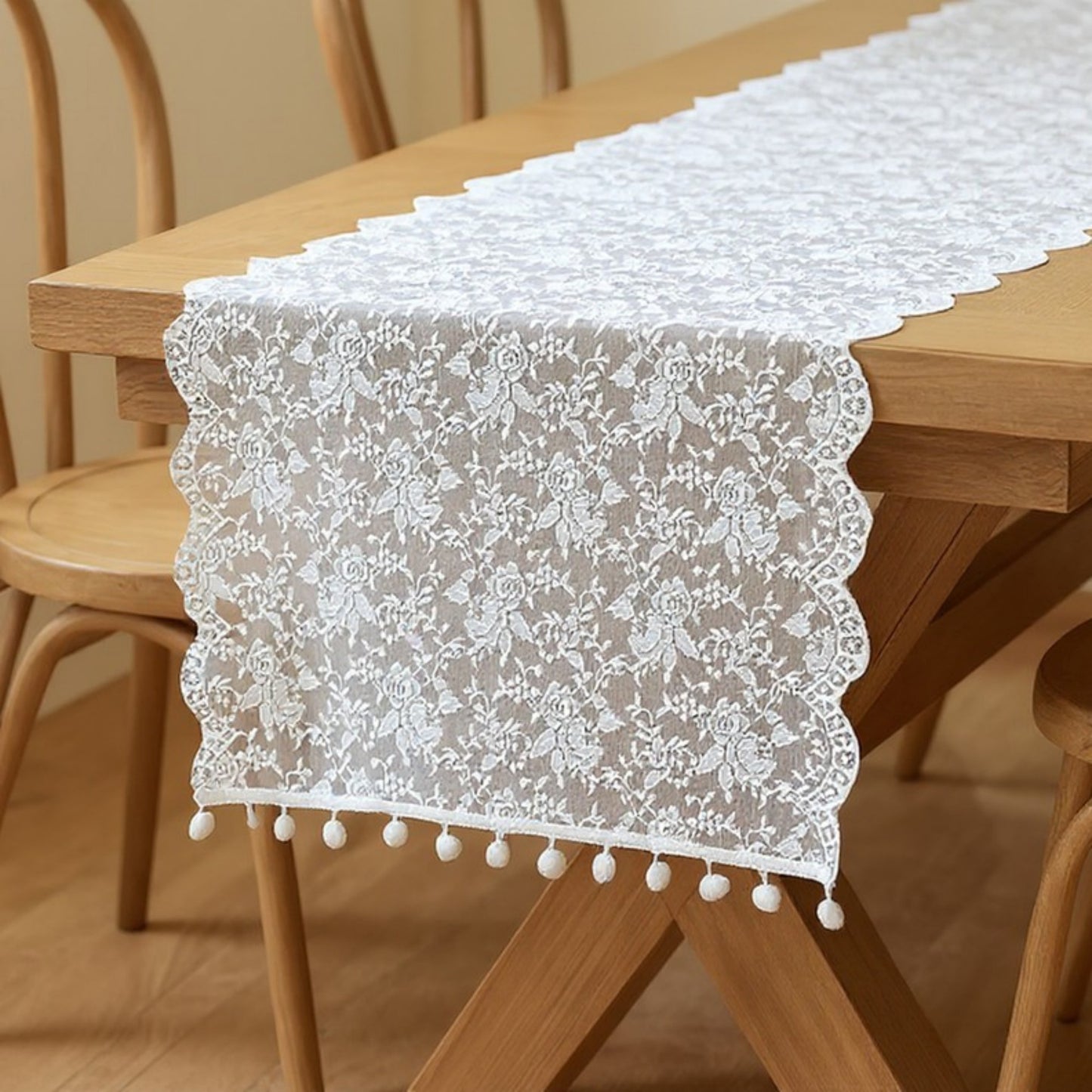 Floral Lace Table Runner with Scalloped Edges and Pom Pom Trim 17.7x47in