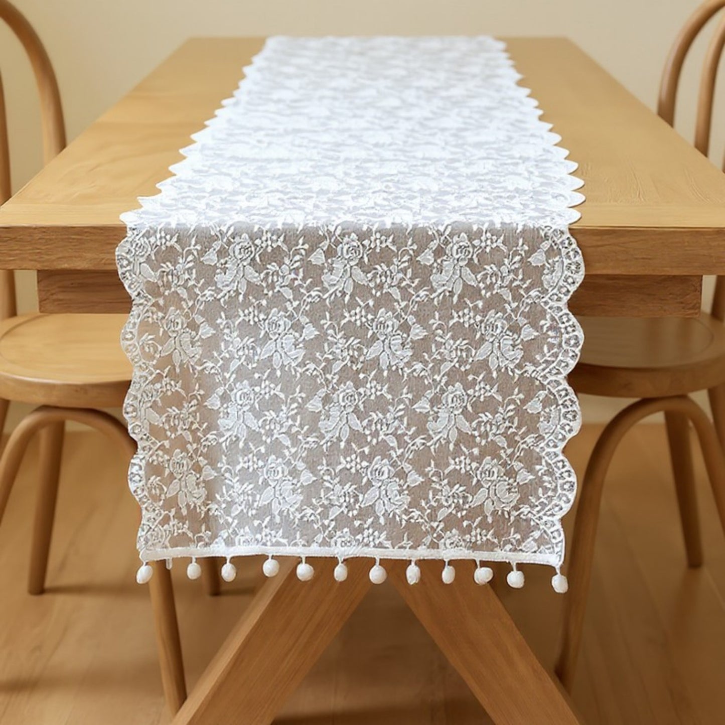 Floral Lace Table Runner with Scalloped Edges and Pom Pom Trim 17.7x47in