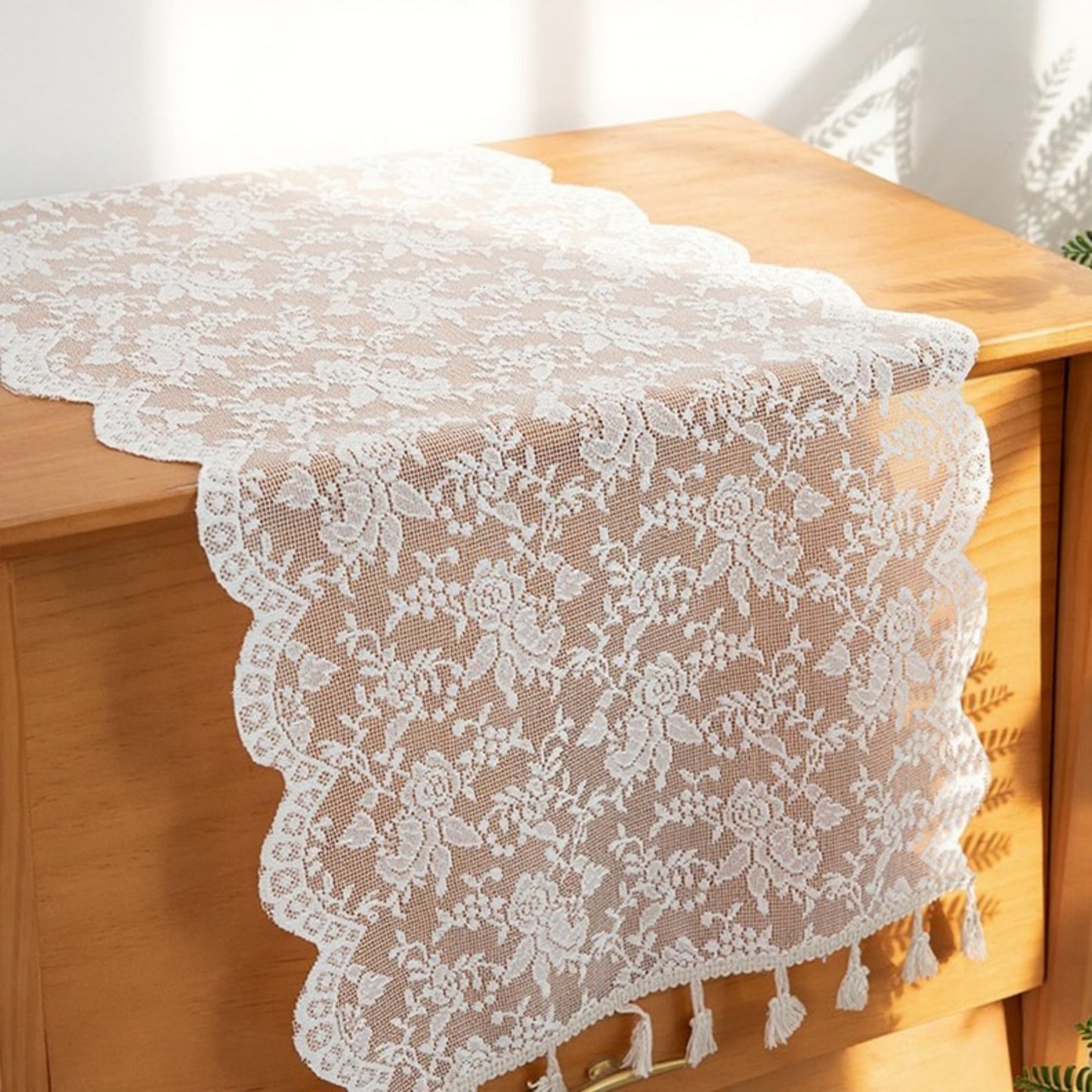 Floral Lace Table Runner with Scalloped Edges and Pom Pom Trim 17.7x47in