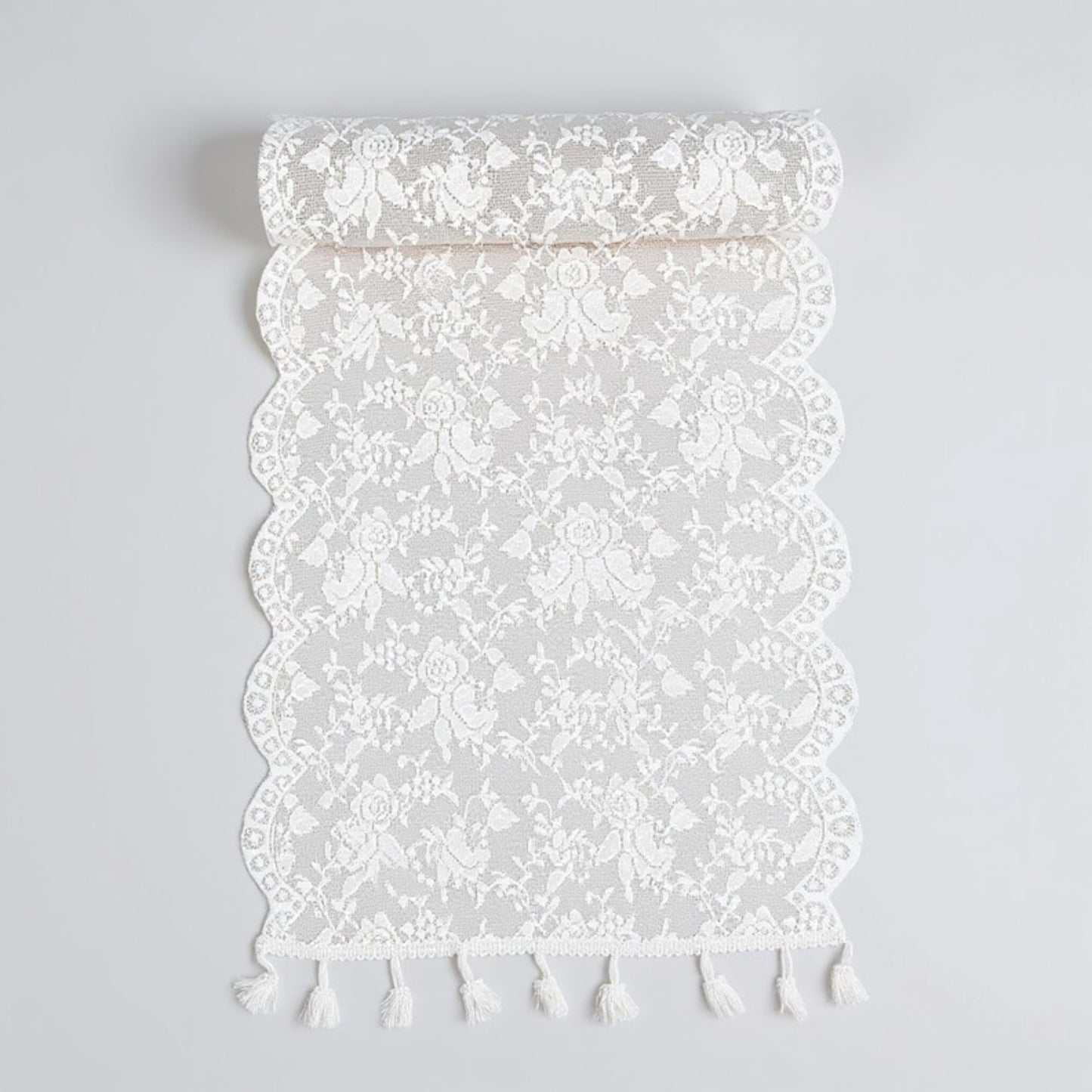 Floral Lace Table Runner with Scalloped Edges and Pom Pom Trim 17.7x47in
