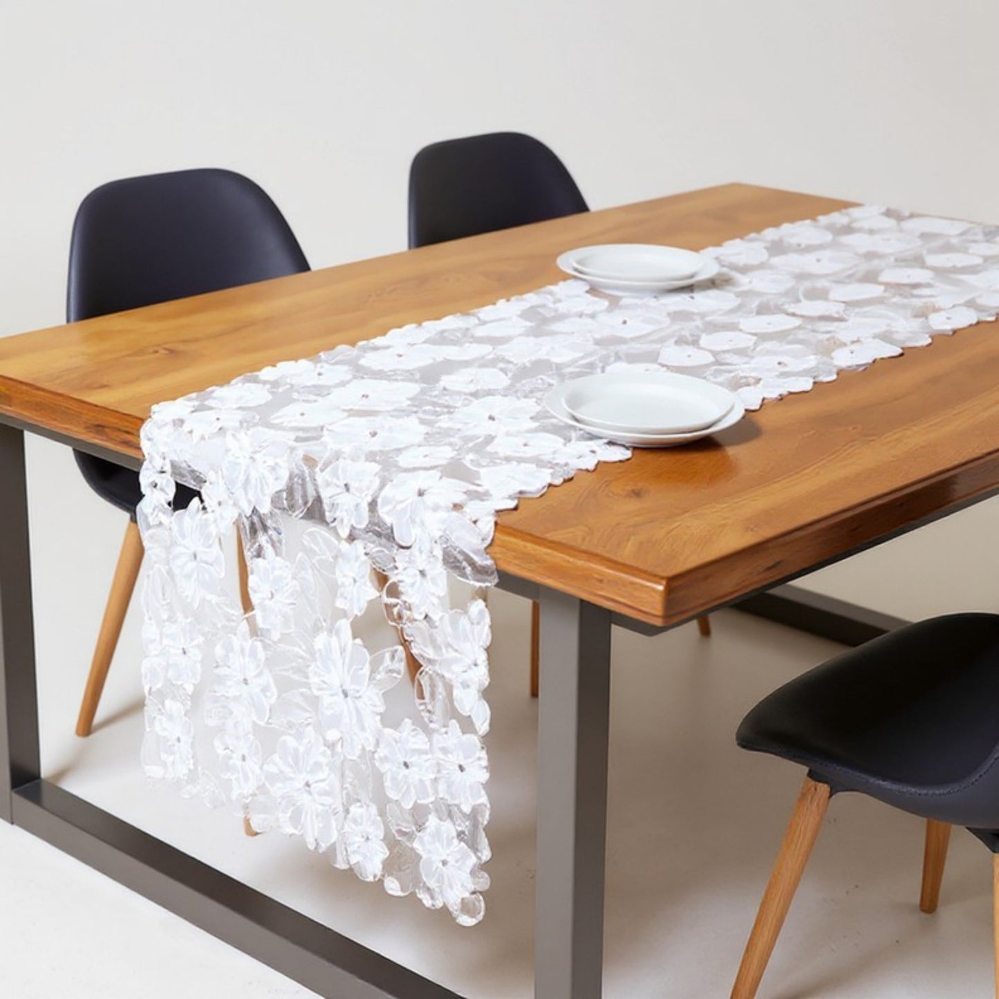 Floral Lace Table Runner with Scalloped Edges and Pom Pom Trim 17.7x47in