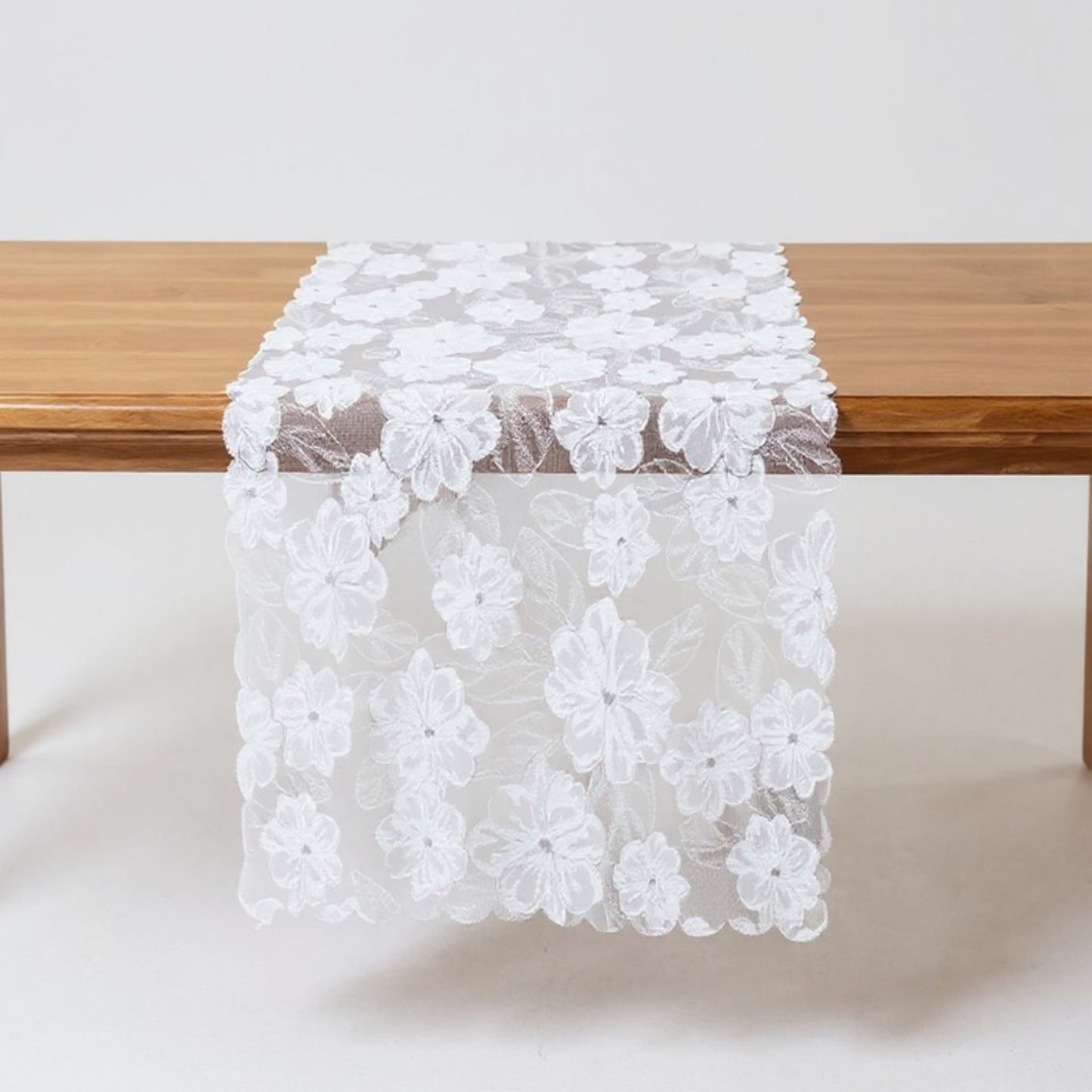Floral Lace Table Runner with Scalloped Edges and Pom Pom Trim 17.7x47in