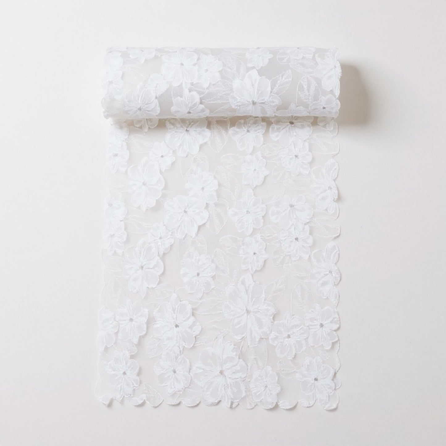 Floral Lace Table Runner with Scalloped Edges and Pom Pom Trim 17.7x47in