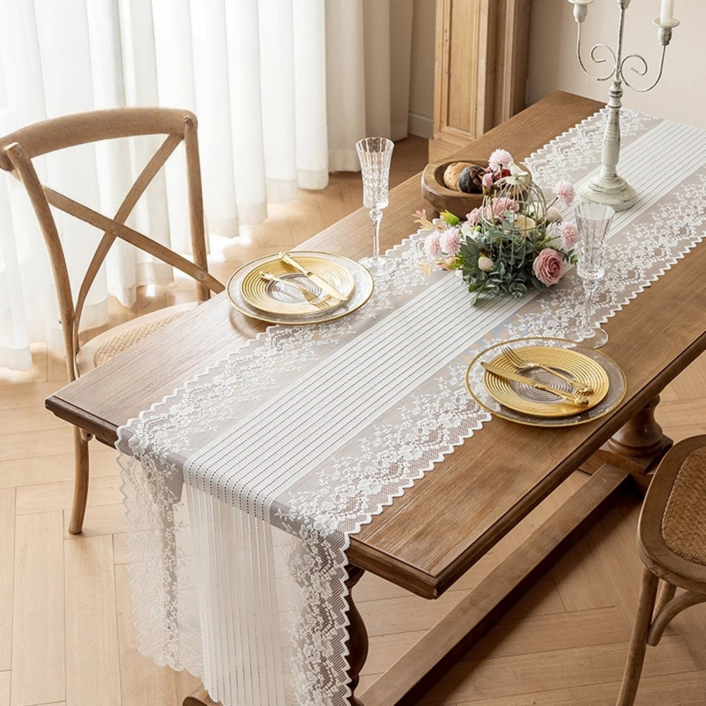 Floral Lace Table Runner with Scalloped Edges and Pom Pom Trim 17.7x47in