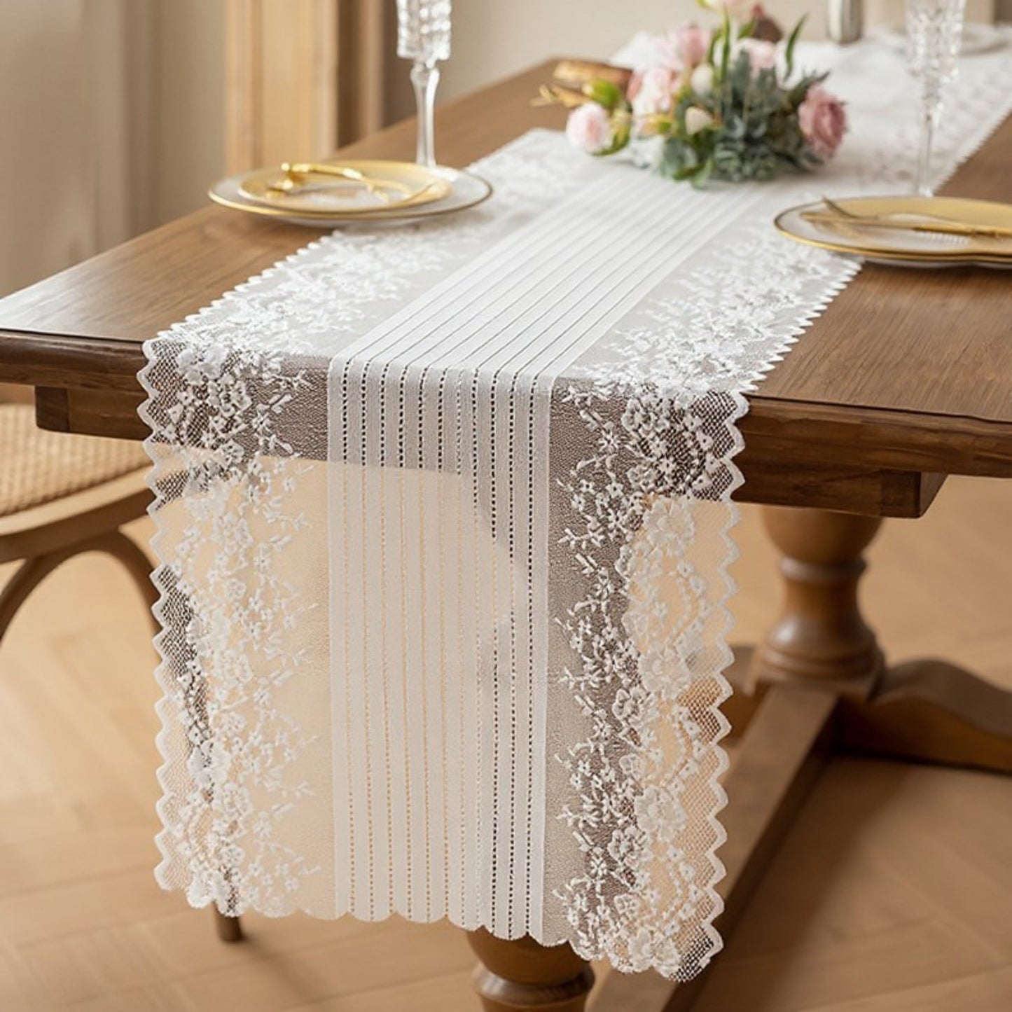 Floral Lace Table Runner with Scalloped Edges and Pom Pom Trim 17.7x47in