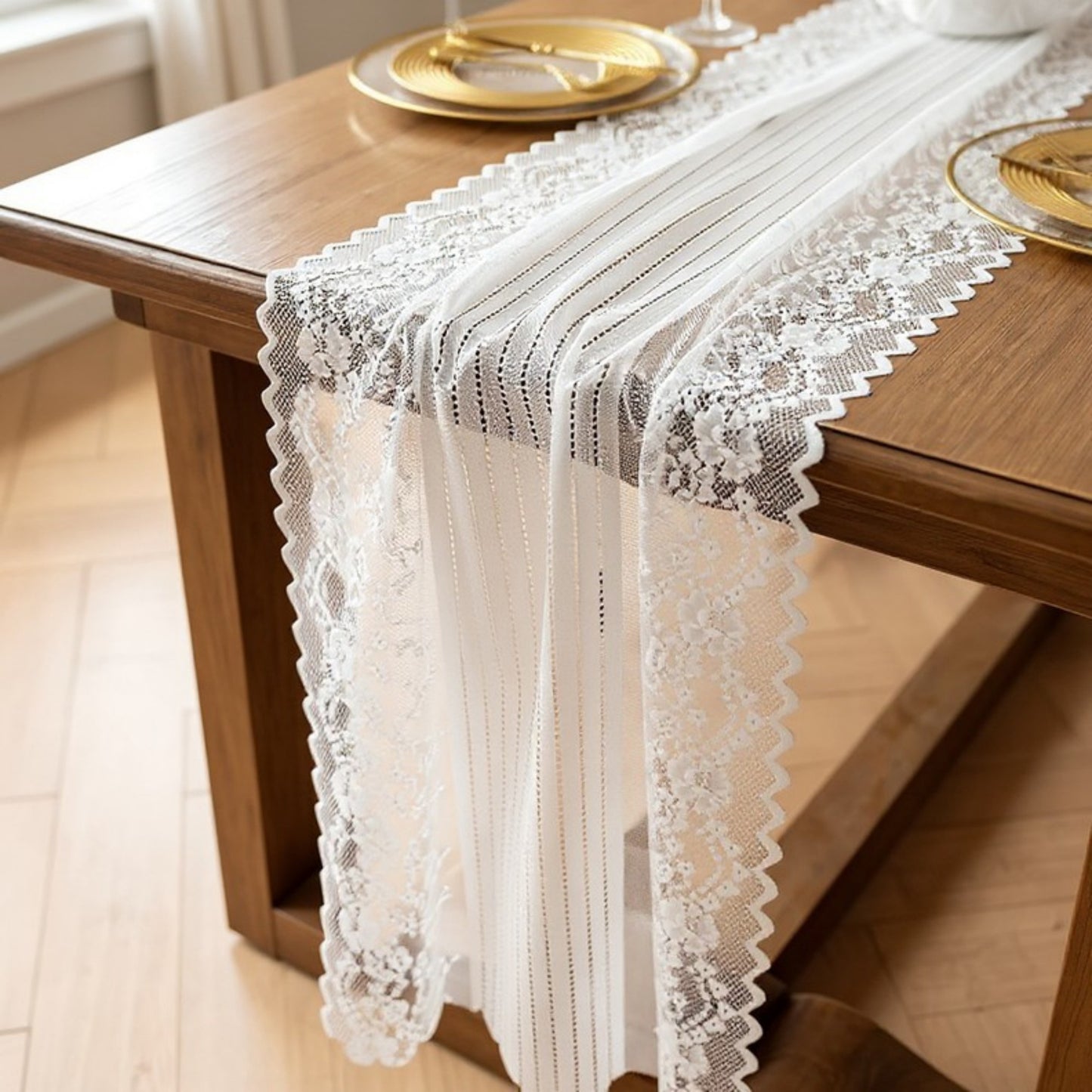 Floral Lace Table Runner with Scalloped Edges and Pom Pom Trim 17.7x47in