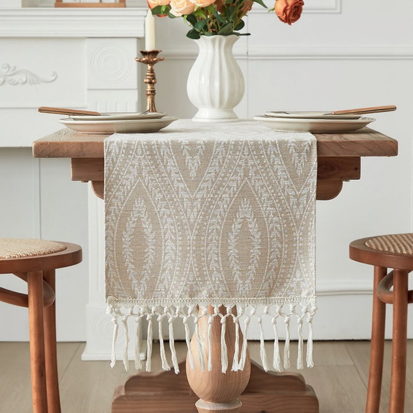 Textured Pattern Table Runner with Tassel Fringe and Woven Detailing 13.5x55in