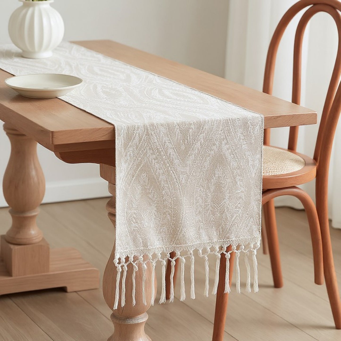 Textured Pattern Table Runner with Tassel Fringe and Woven Detailing 13.5x55in