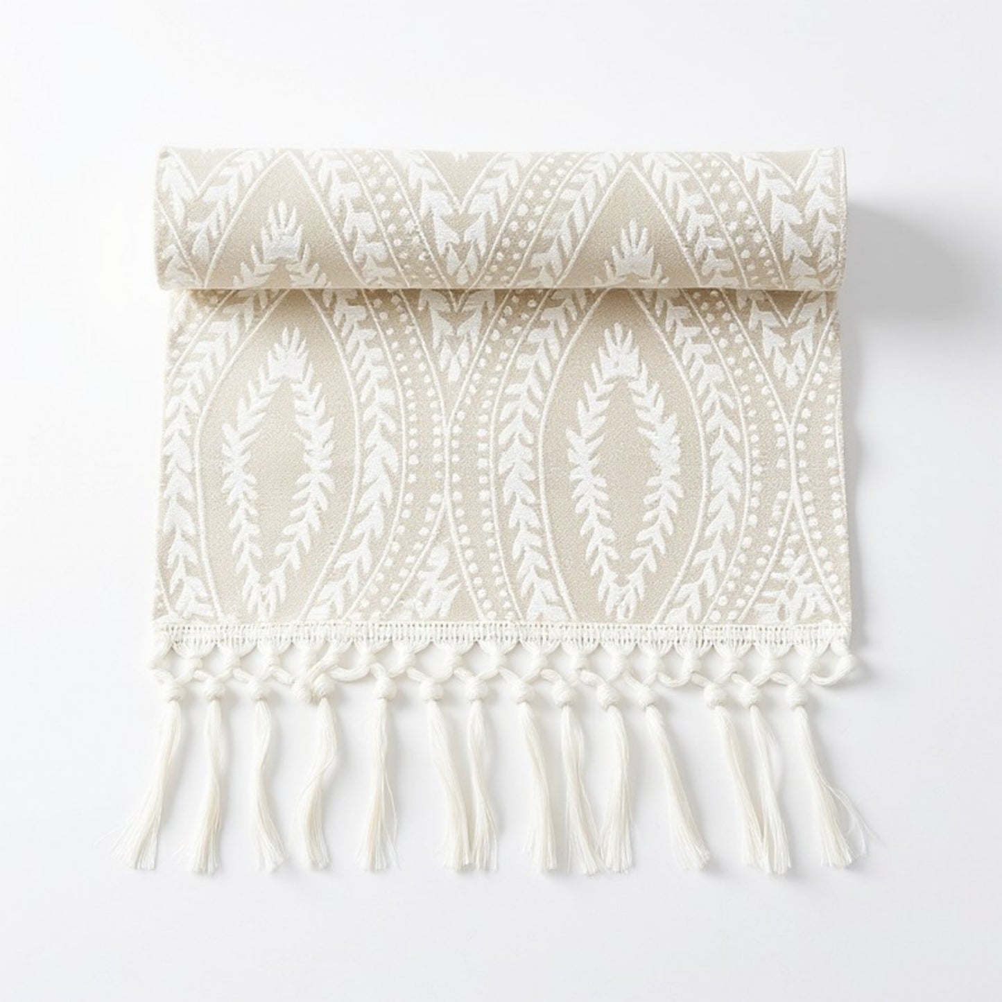 Textured Pattern Table Runner with Tassel Fringe and Woven Detailing 13.5x55in