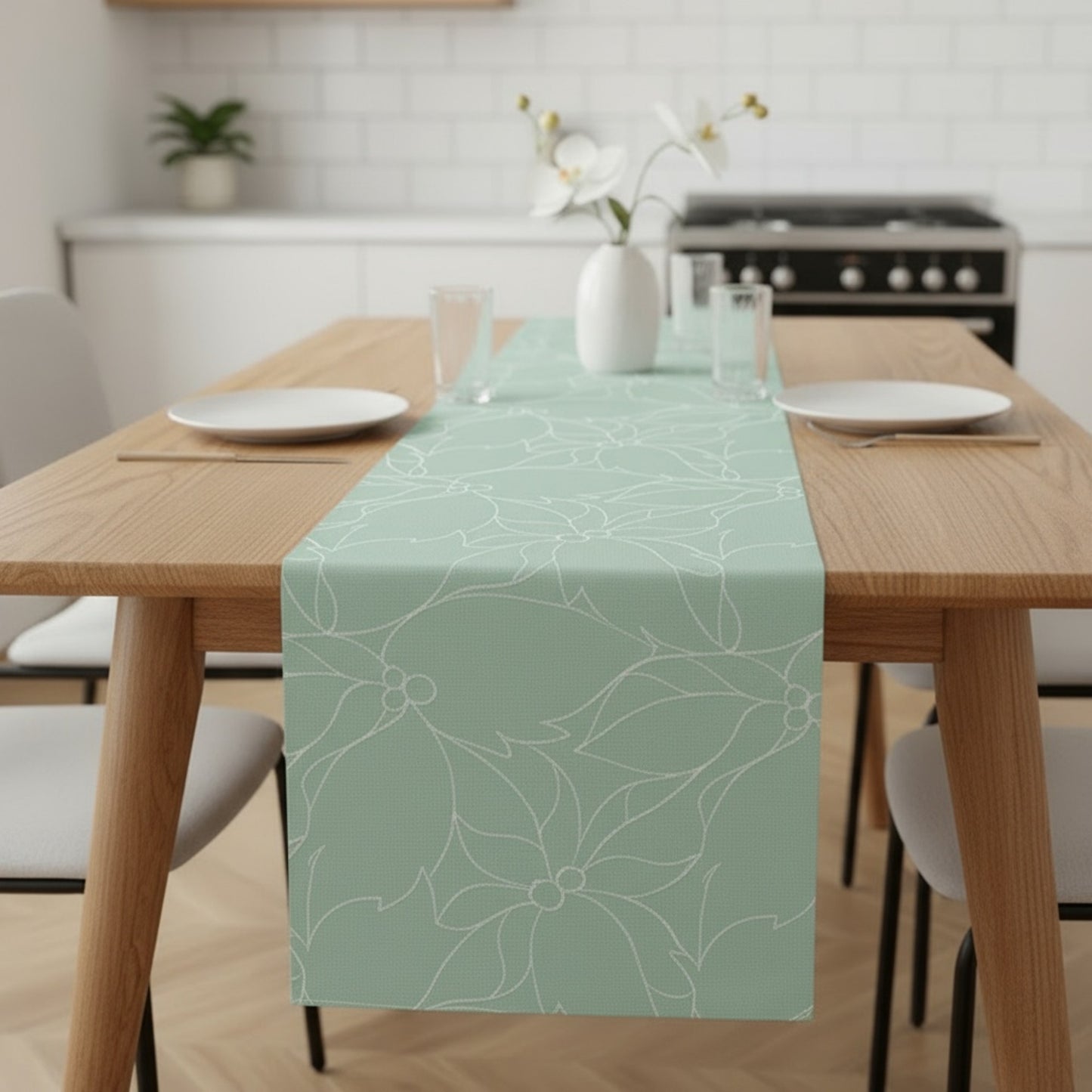 Floral Line Art Table Runner with Soft Woven Finish