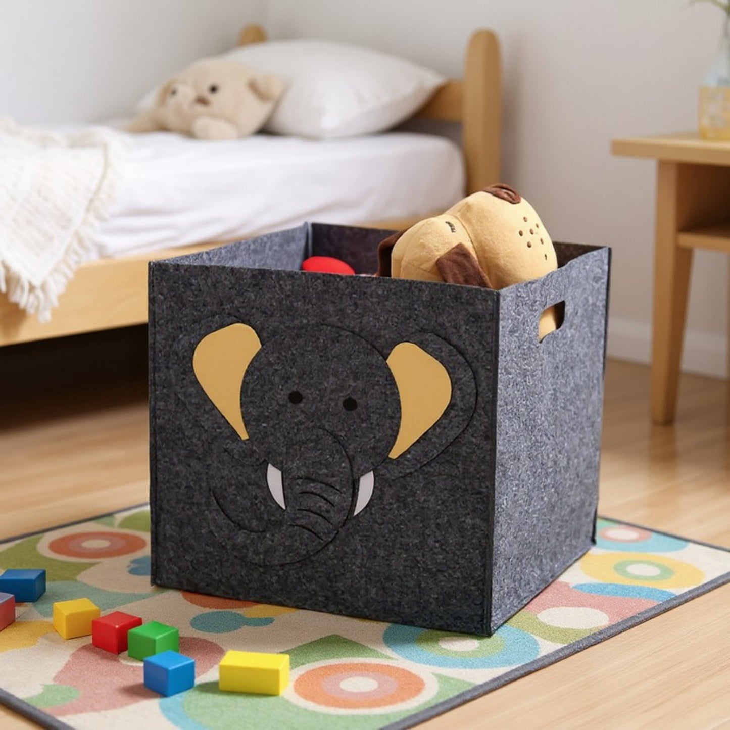 Animal Design Felt Storage Box with Cutout Handles and Foldable Structure 13.7x13.7x13.7in