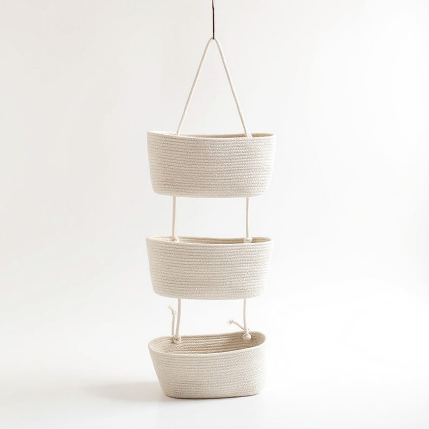 3-Tier Hanging Rope Basket Organizer with Braided Design and Loop Handle 17.5in (5.5x2.8in)
