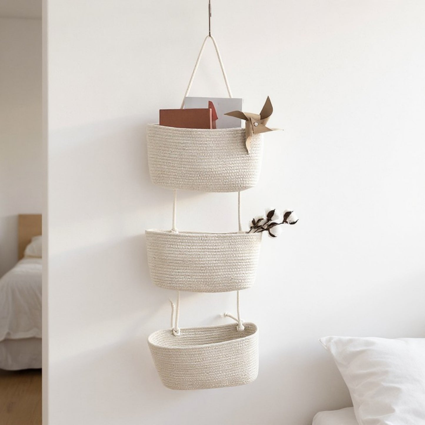 3-Tier Hanging Rope Basket Organizer with Braided Design and Loop Handle 17.5in (5.5x2.8in)