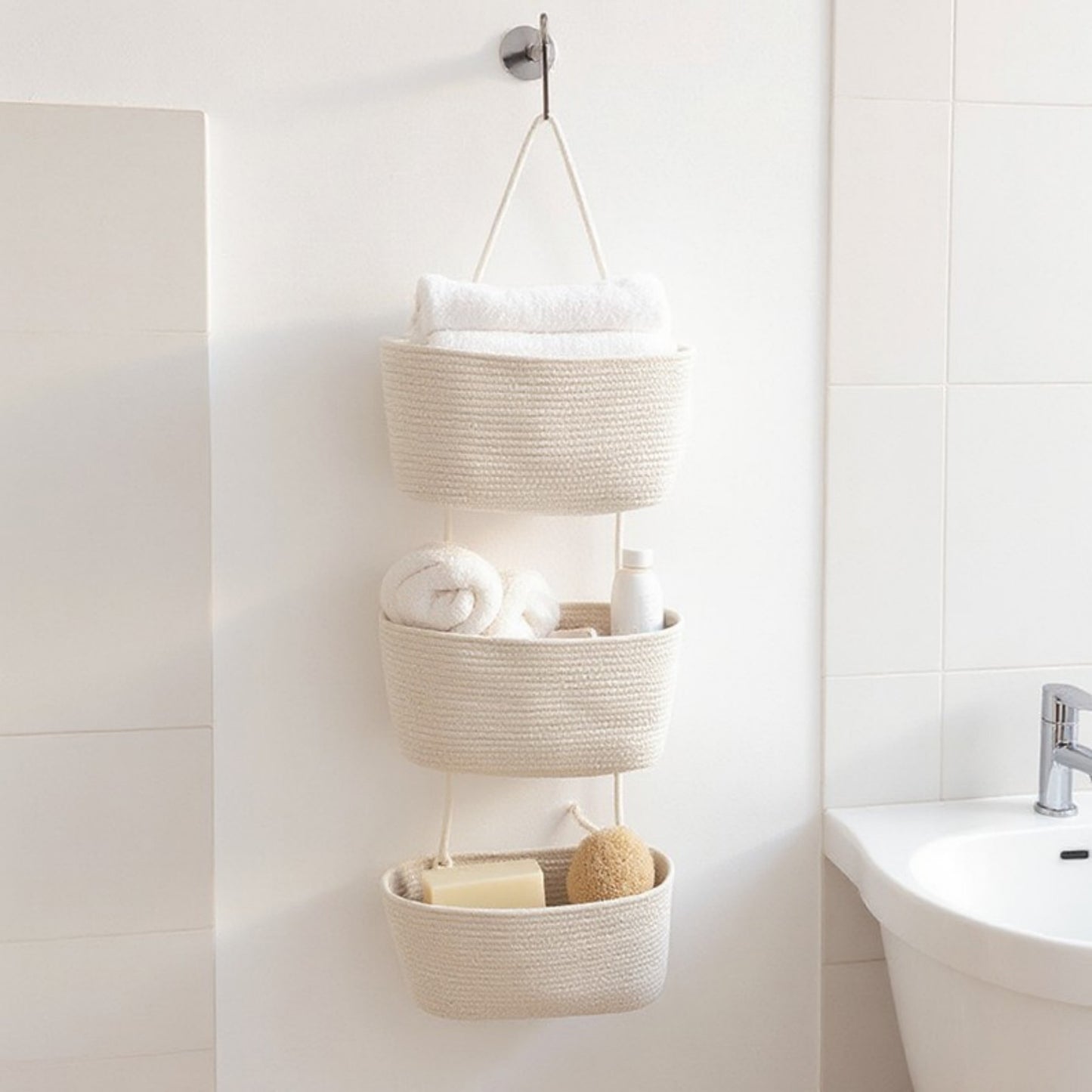 3-Tier Hanging Rope Basket Organizer with Braided Design and Loop Handle 17.5in (5.5x2.8in)