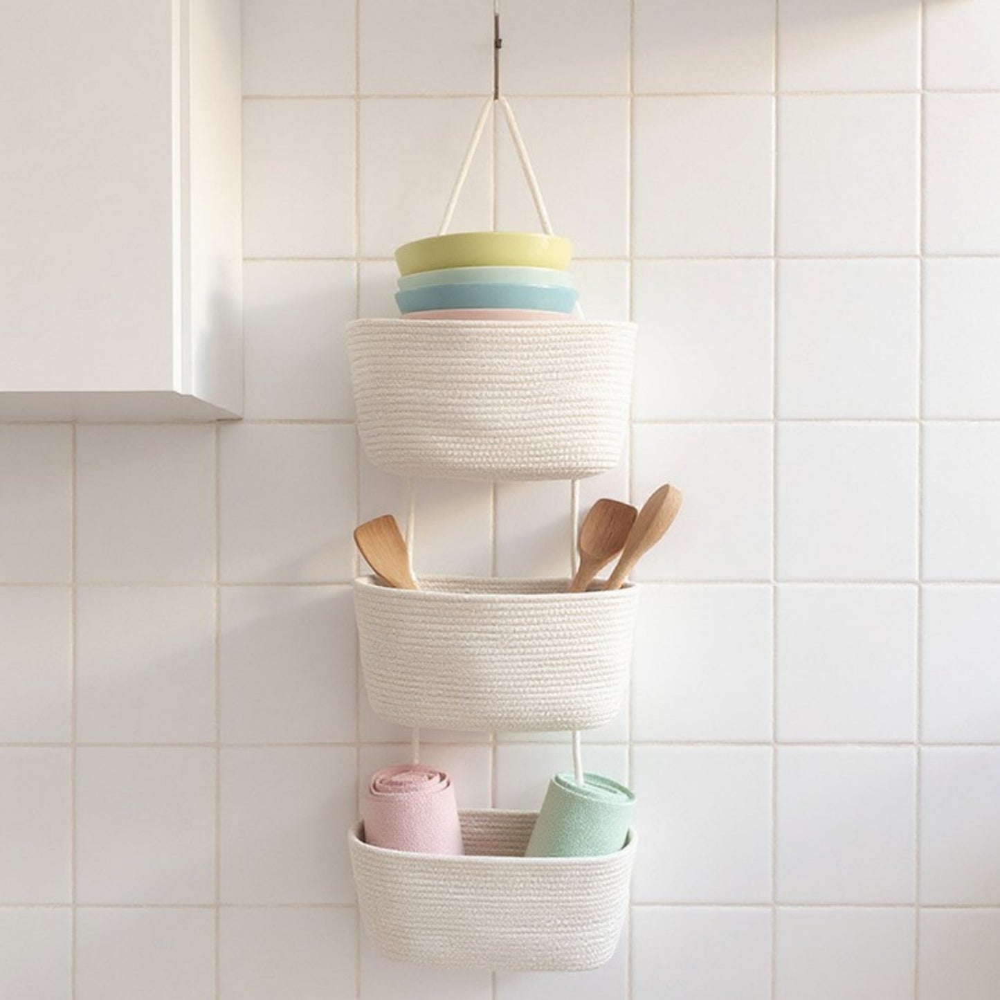 3-Tier Hanging Rope Basket Organizer with Braided Design and Loop Handle 17.5in (5.5x2.8in)