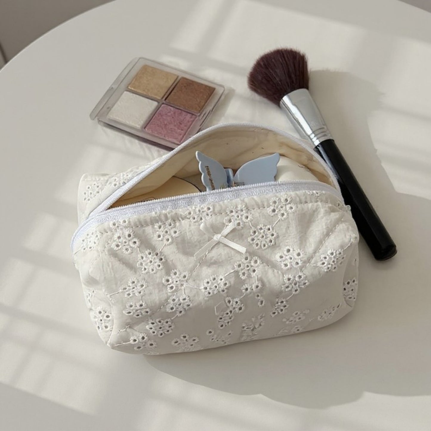 Embroidered Floral Quilted Cosmetic Bag with Zipper Closure 6x4x2in