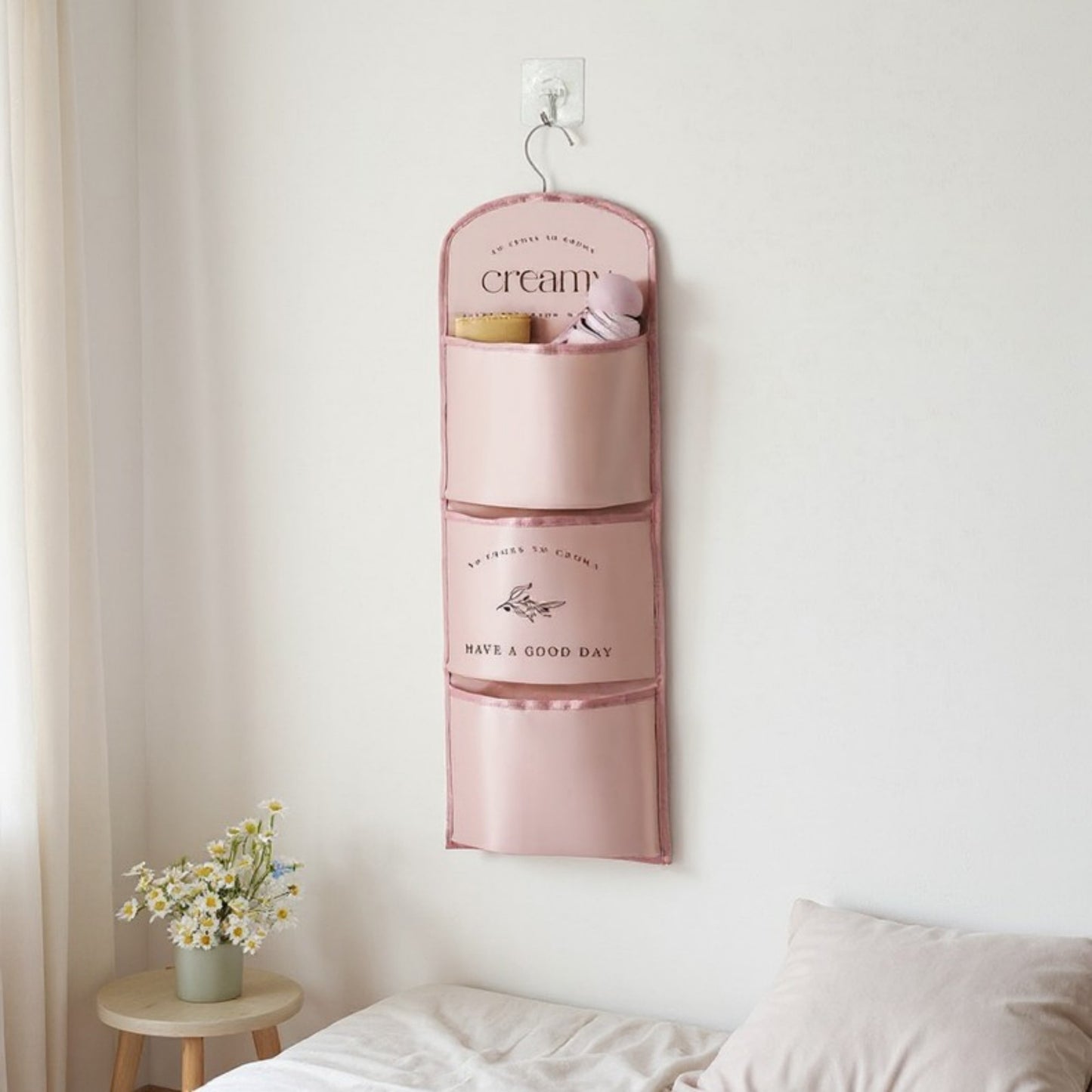 3-Pocket Hanging Wall Organizer with Printed Design and Metal Hook