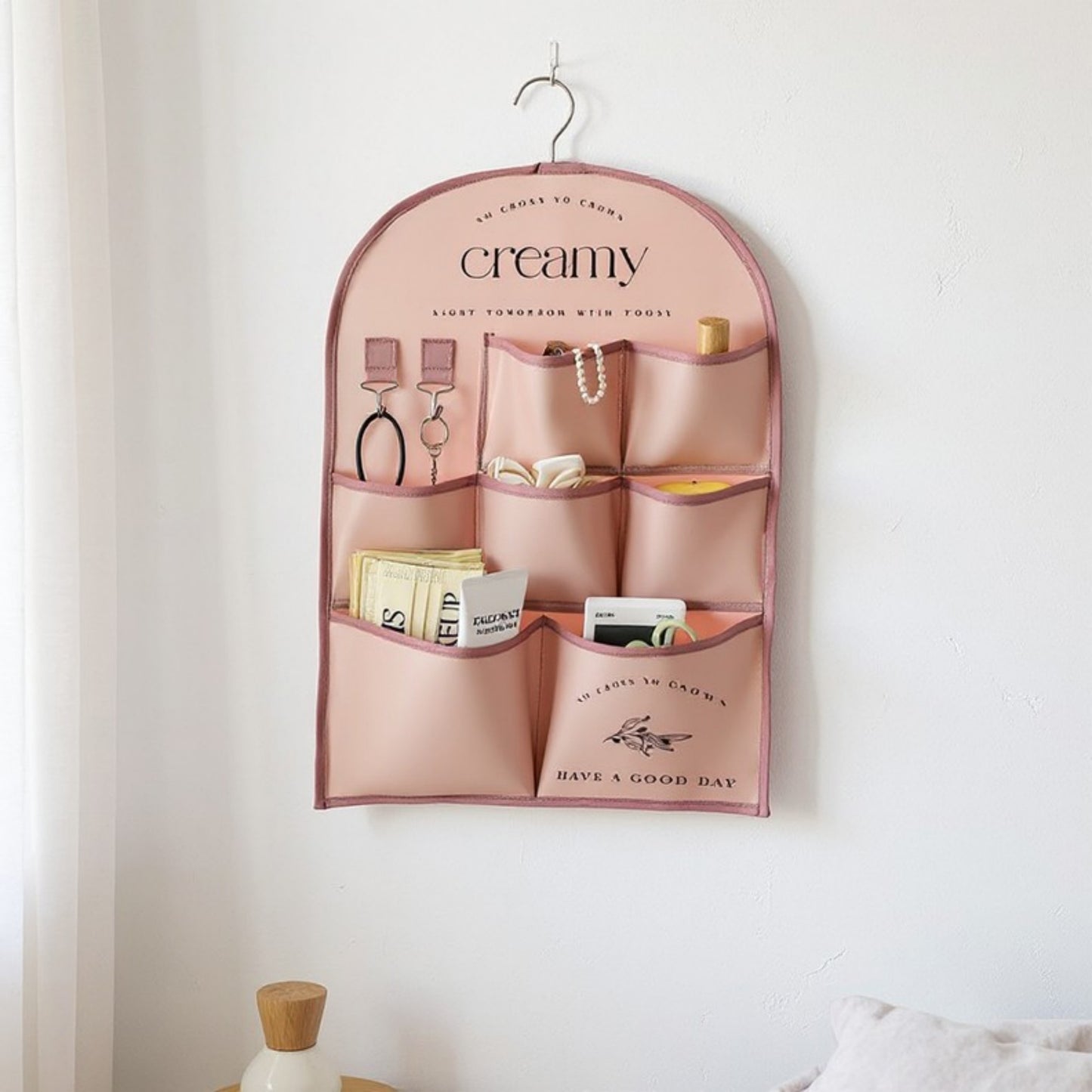 3-Pocket Hanging Wall Organizer with Printed Design and Metal Hook