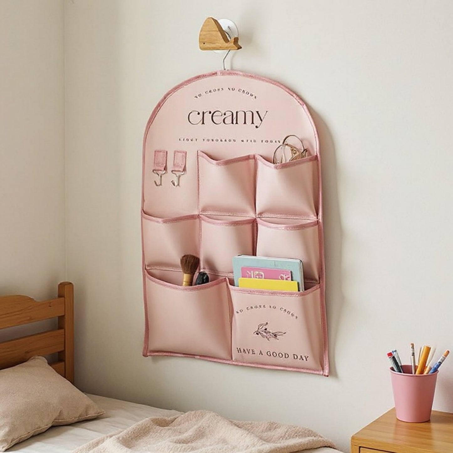 3-Pocket Hanging Wall Organizer with Printed Design and Metal Hook