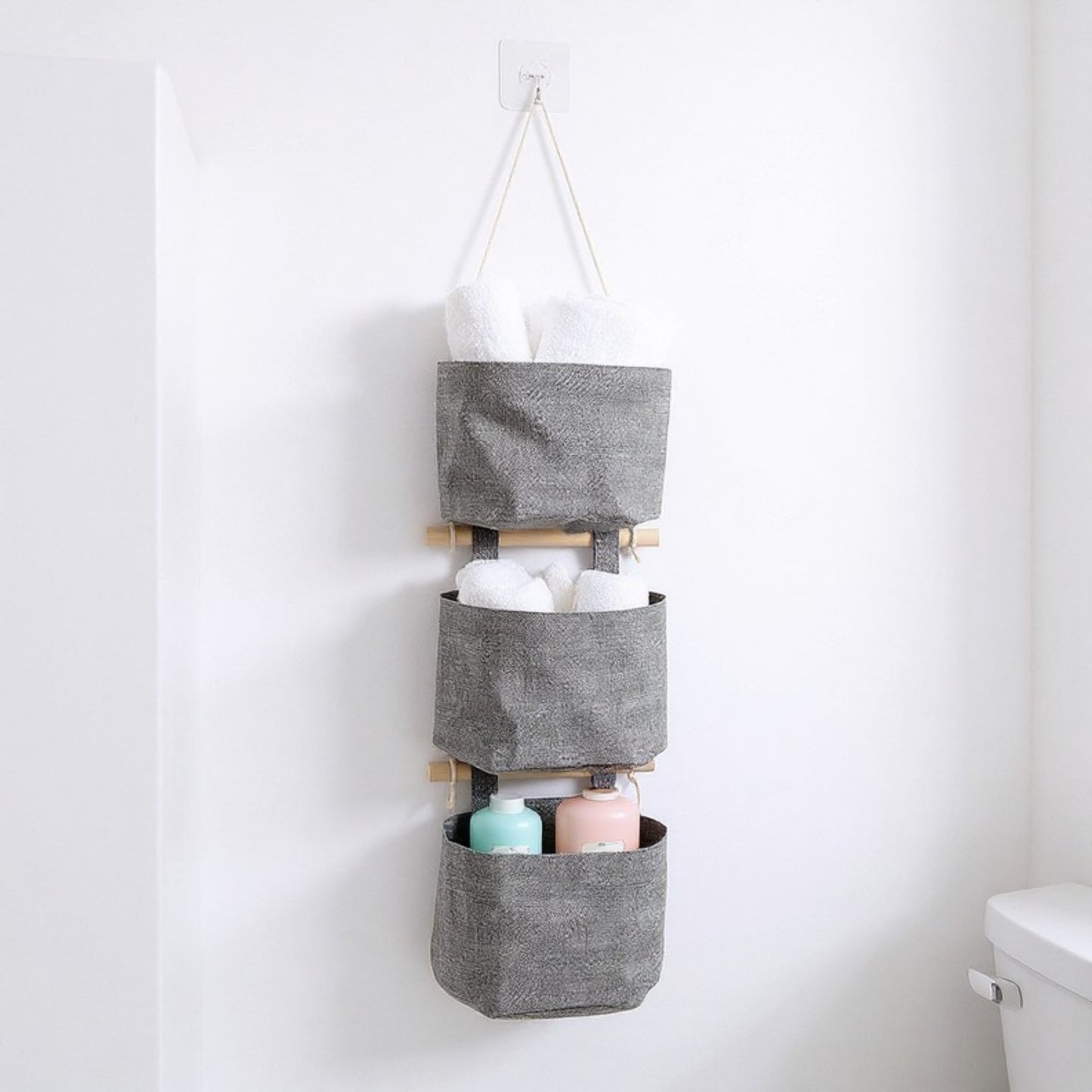 3-Piece Hanging Wall Organizer Set with Wooden Rods and Fabric Pockets 5.5x7x3.5in