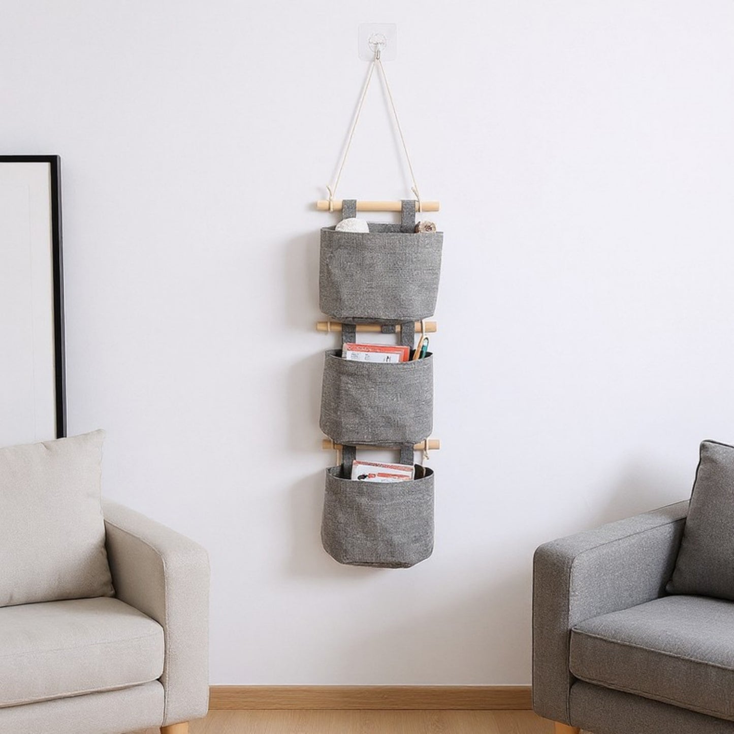 3-Piece Hanging Wall Organizer Set with Wooden Rods and Fabric Pockets 5.5x7x3.5in