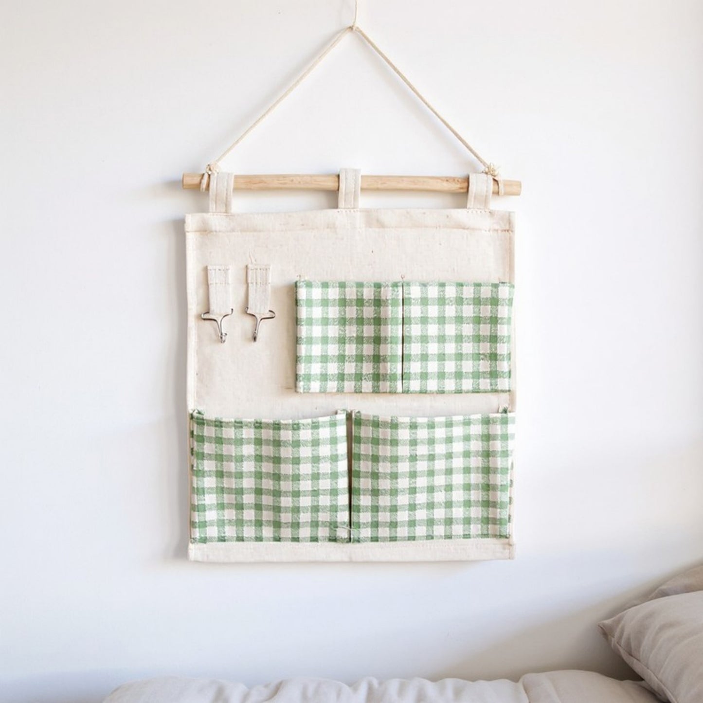 Hanging Wall Organizer with Green Gingham Pockets and Wooden Rod 12x14in
