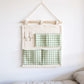 Hanging Wall Organizer with Green Gingham Pockets and Wooden Rod 12x14in