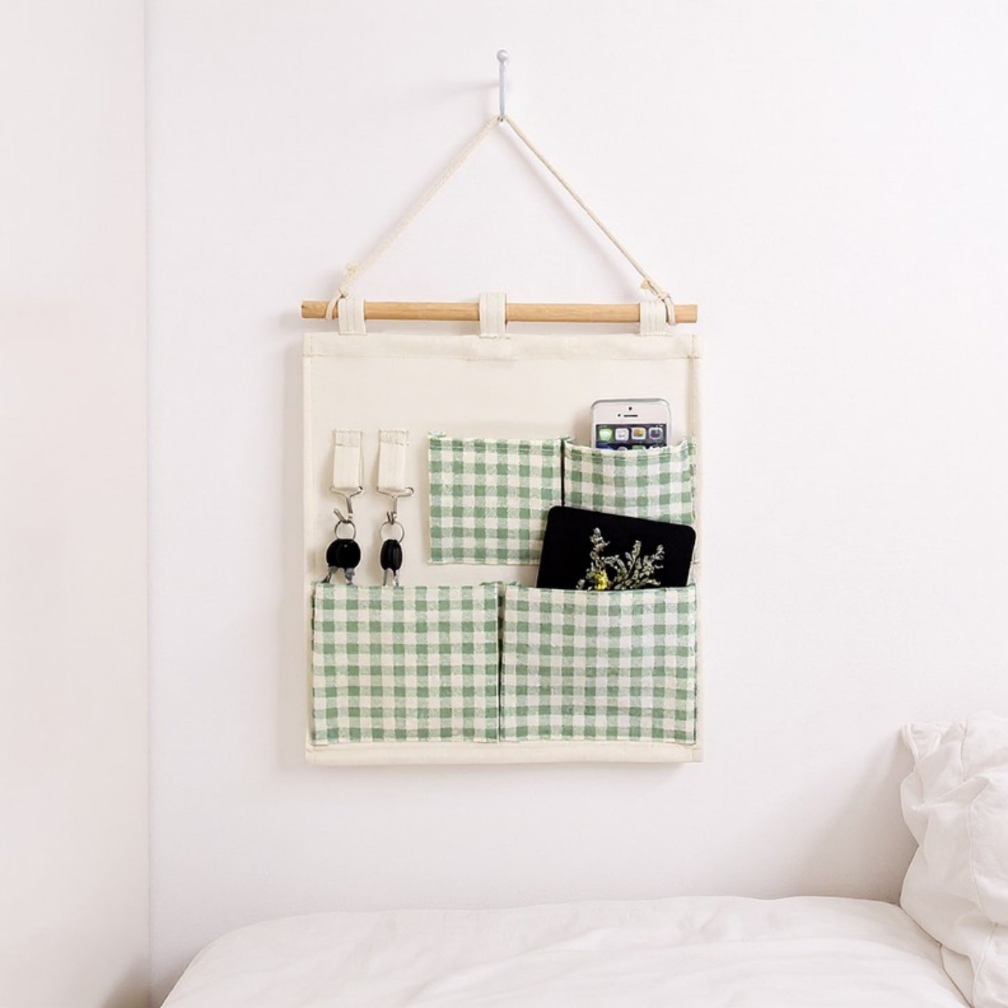 Hanging Wall Organizer with Green Gingham Pockets and Wooden Rod 12x14in