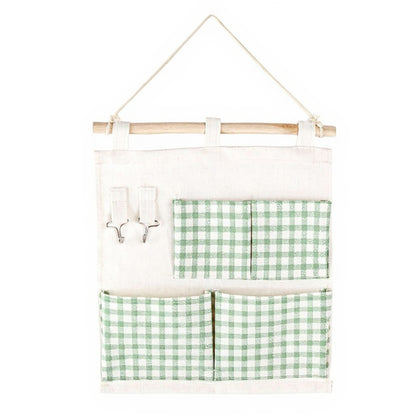 Hanging Wall Organizer with Green Gingham Pockets and Wooden Rod 12x14in