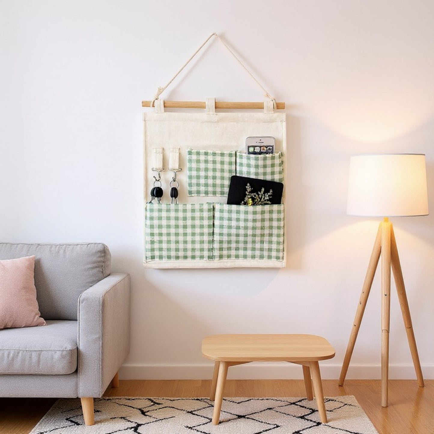 Hanging Wall Organizer with Green Gingham Pockets and Wooden Rod 12x14in