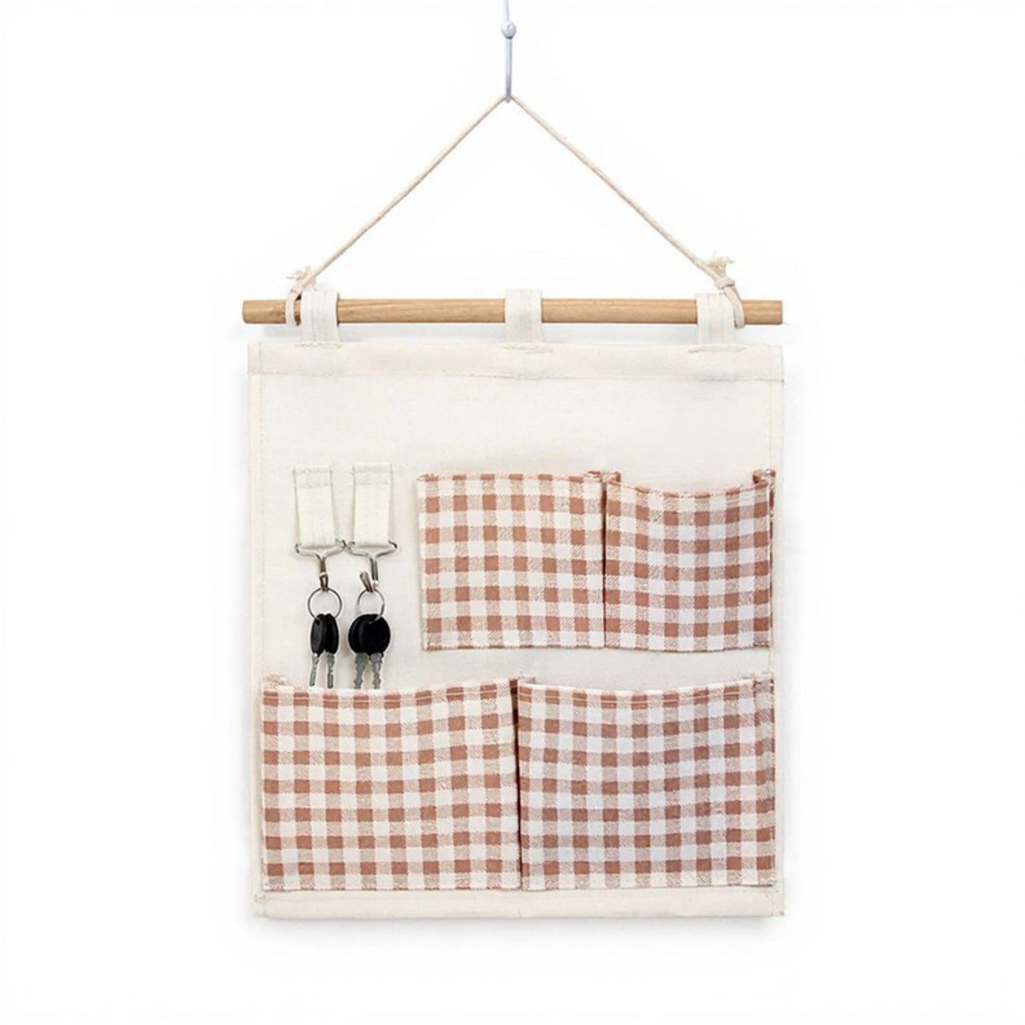 Hanging Wall Organizer with Green Gingham Pockets and Wooden Rod 12x14in