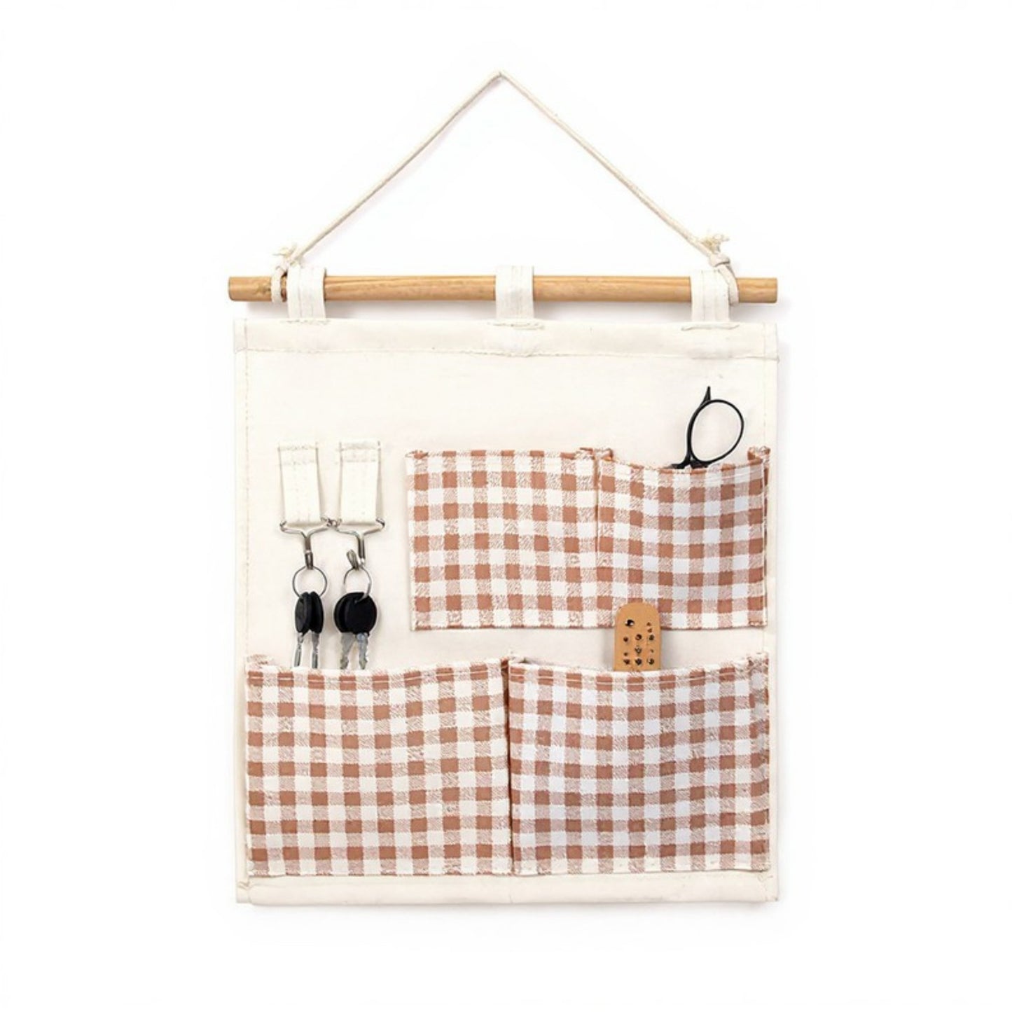 Hanging Wall Organizer with Green Gingham Pockets and Wooden Rod 12x14in